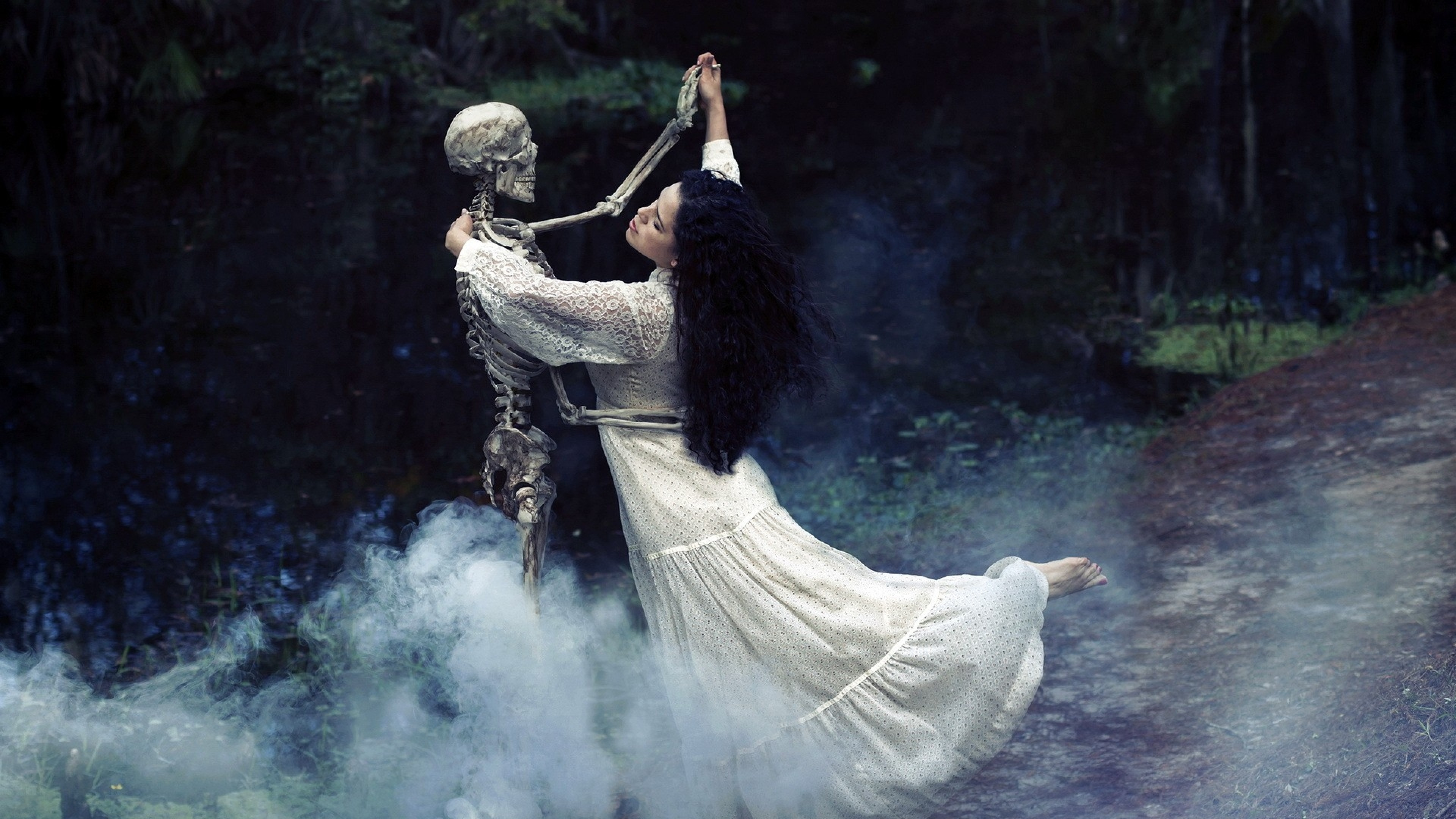 3840x2160  Wallpaper girl, skeleton, dance, unusual