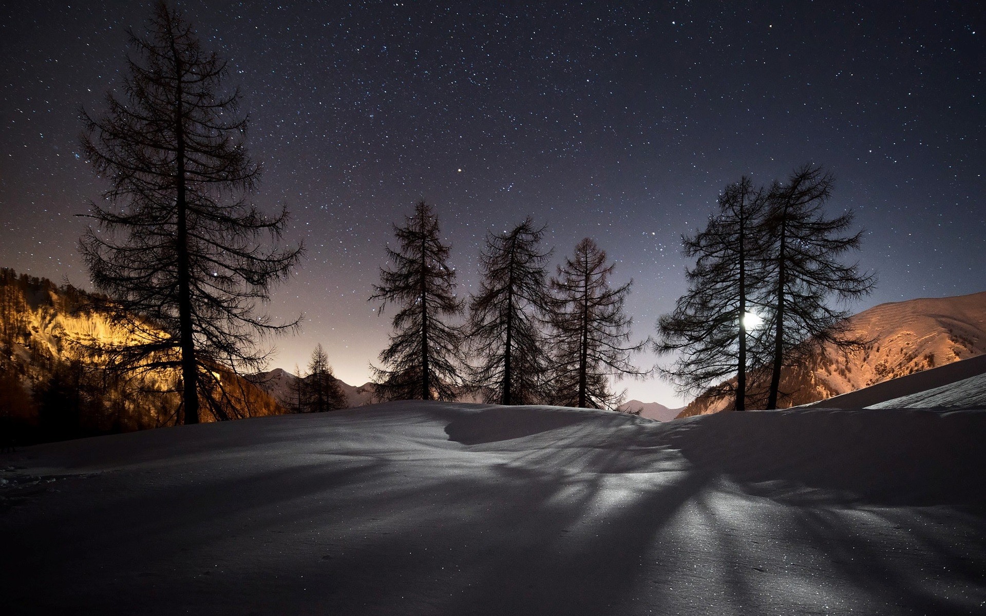 1920x1200 Night, winter, snow, mountains, trees, stars, nature landscape wallpaper  thumb