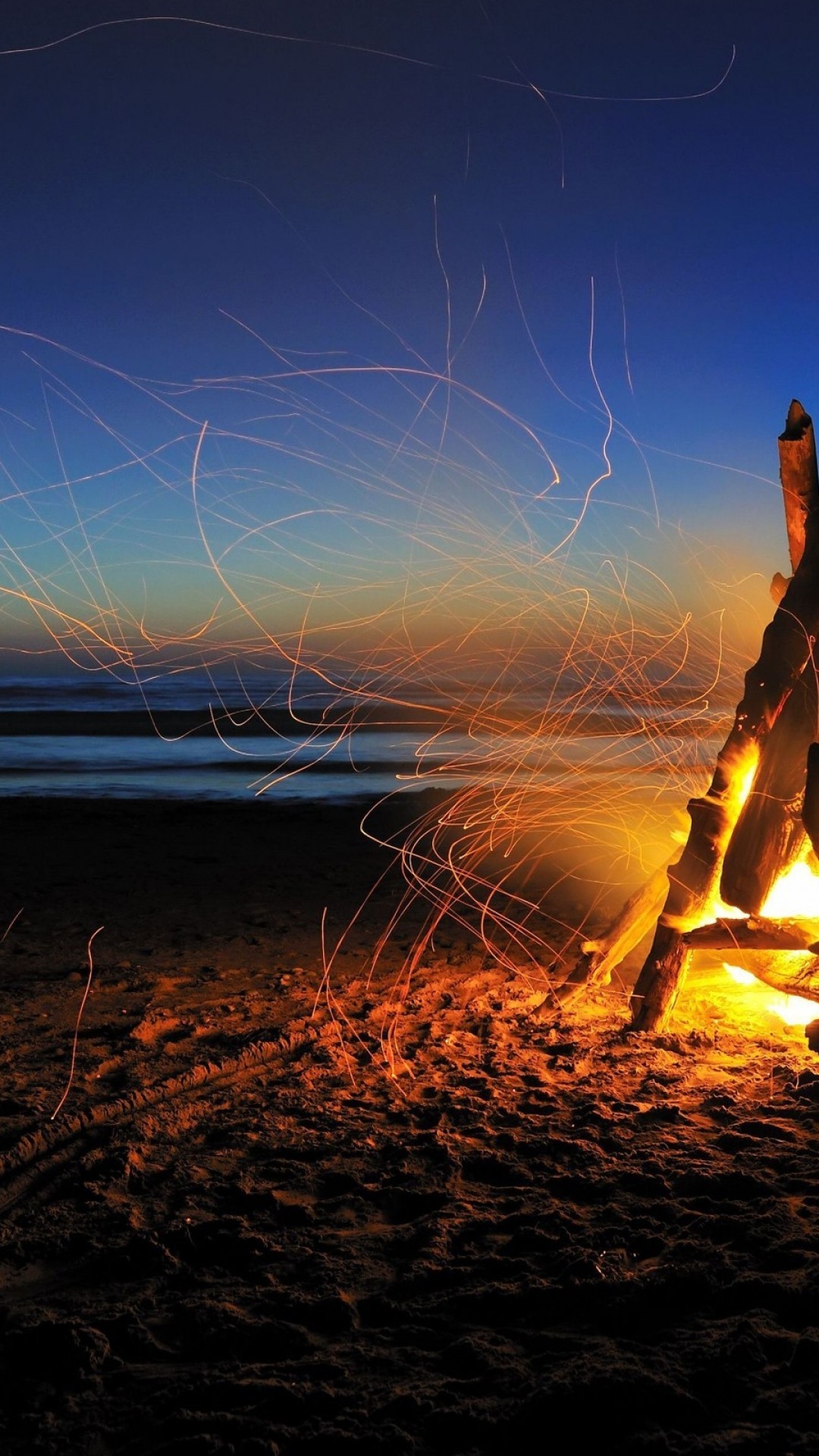 1080x1920 Camp Fire, Beach, Sparks, Night, Stars, Ocean, Horizon