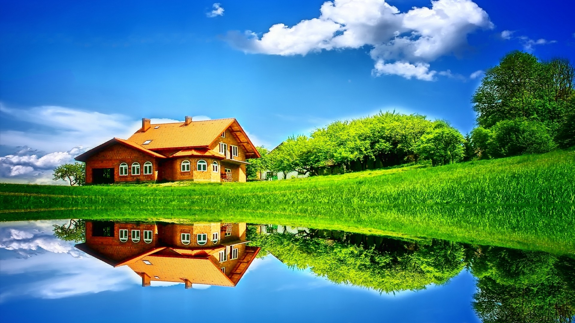 1920x1080  Wallpaper house, meadow, glade, pond, green, bright