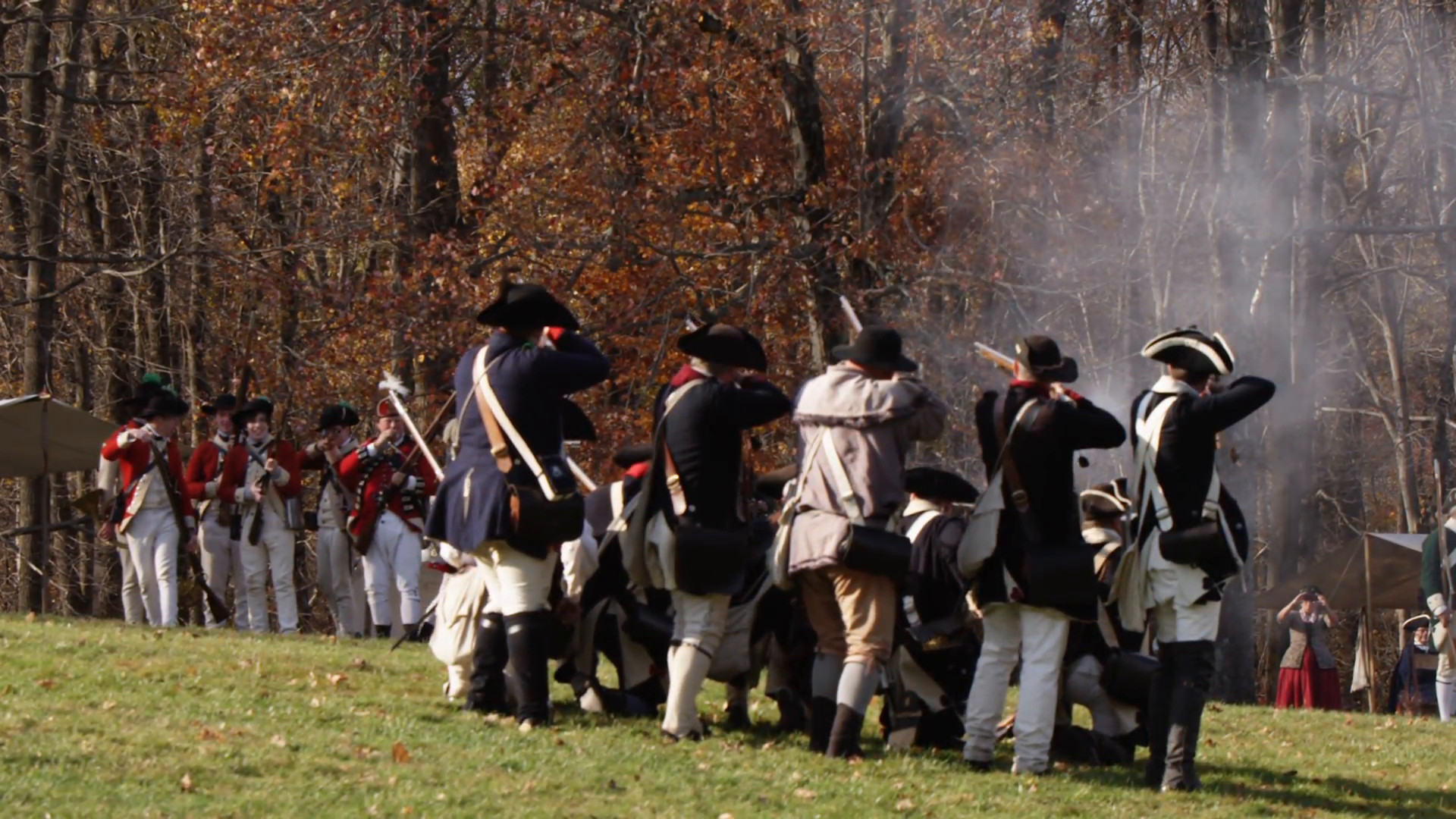 1920x1080 Revolutionary War reenactment. The Continental army and the British  Redcoats fire on one another. Shot on RED EPIC, 1080p HD. DANBURY, CT/USA -  NOVEMBER 2, ...