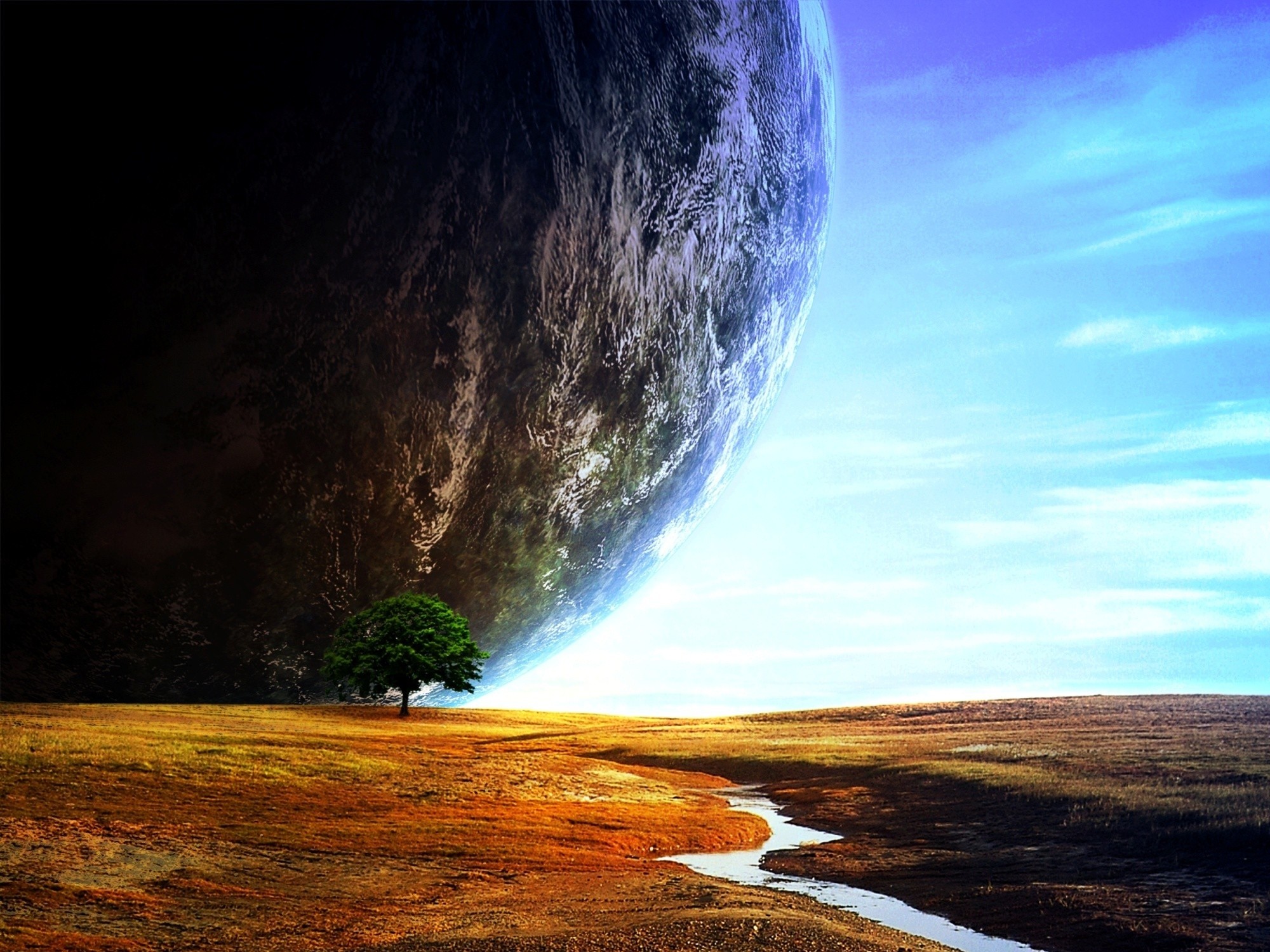 2000x1500 Planets sci-fi space nature trees landscapes cg digtal art stream sky  clouds wallpaper |