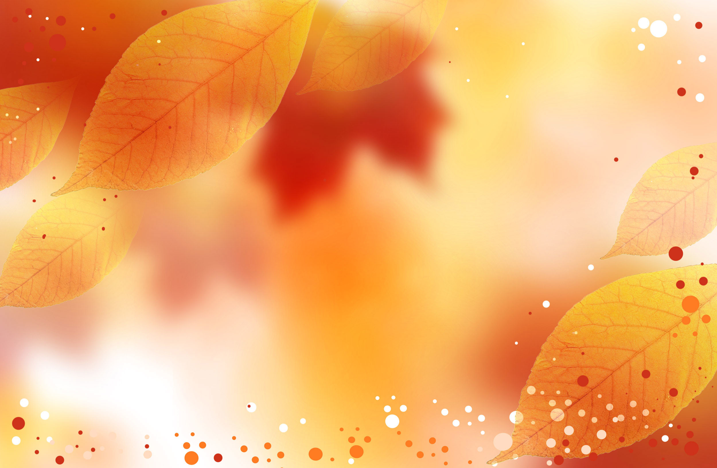 2500x1630 Fall colors on the background with Autumn leaves and white, orange and red  dots as spread and highlights.