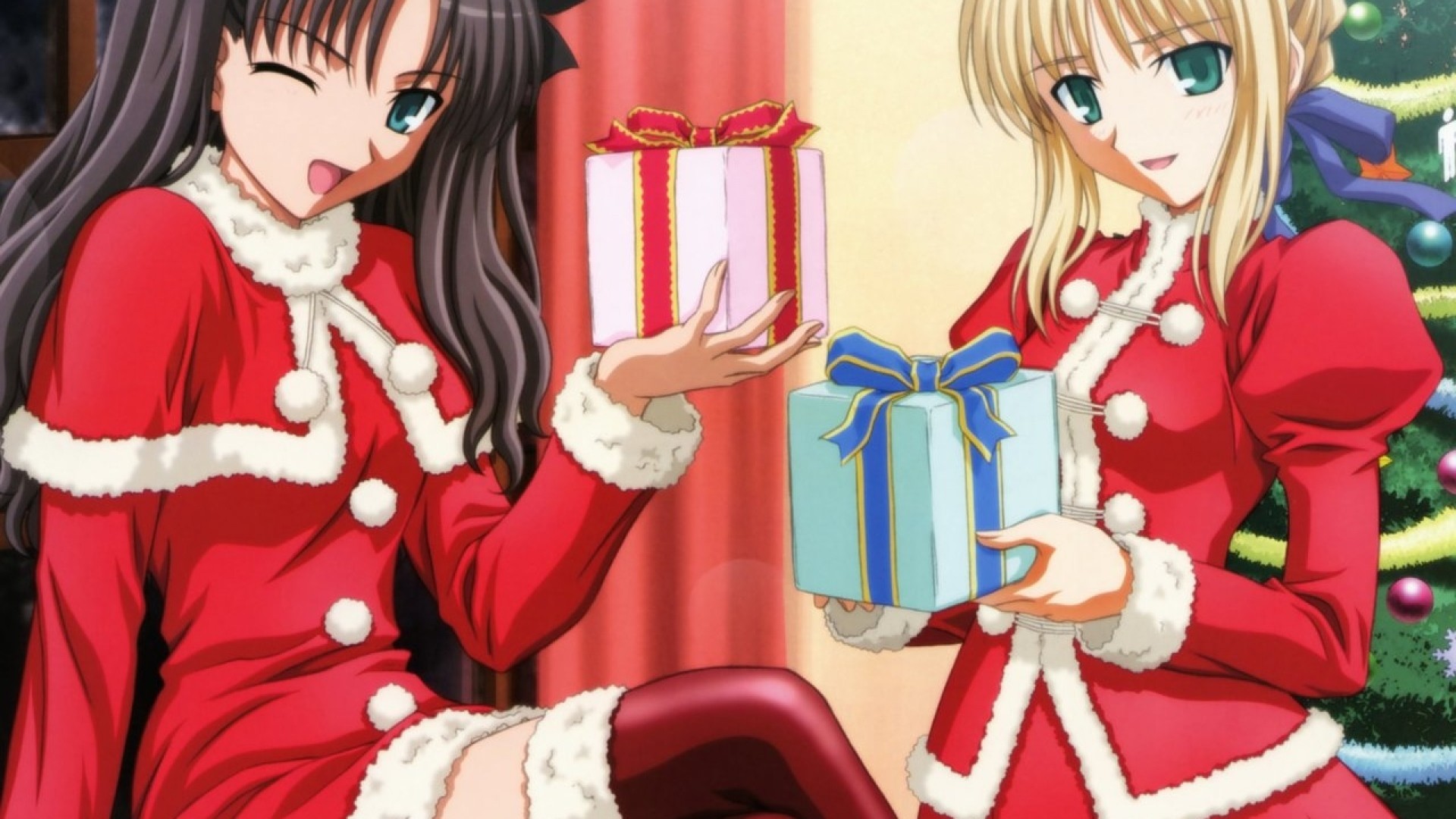1920x1080  Wallpaper new year, christmas, anime, gifts, girls