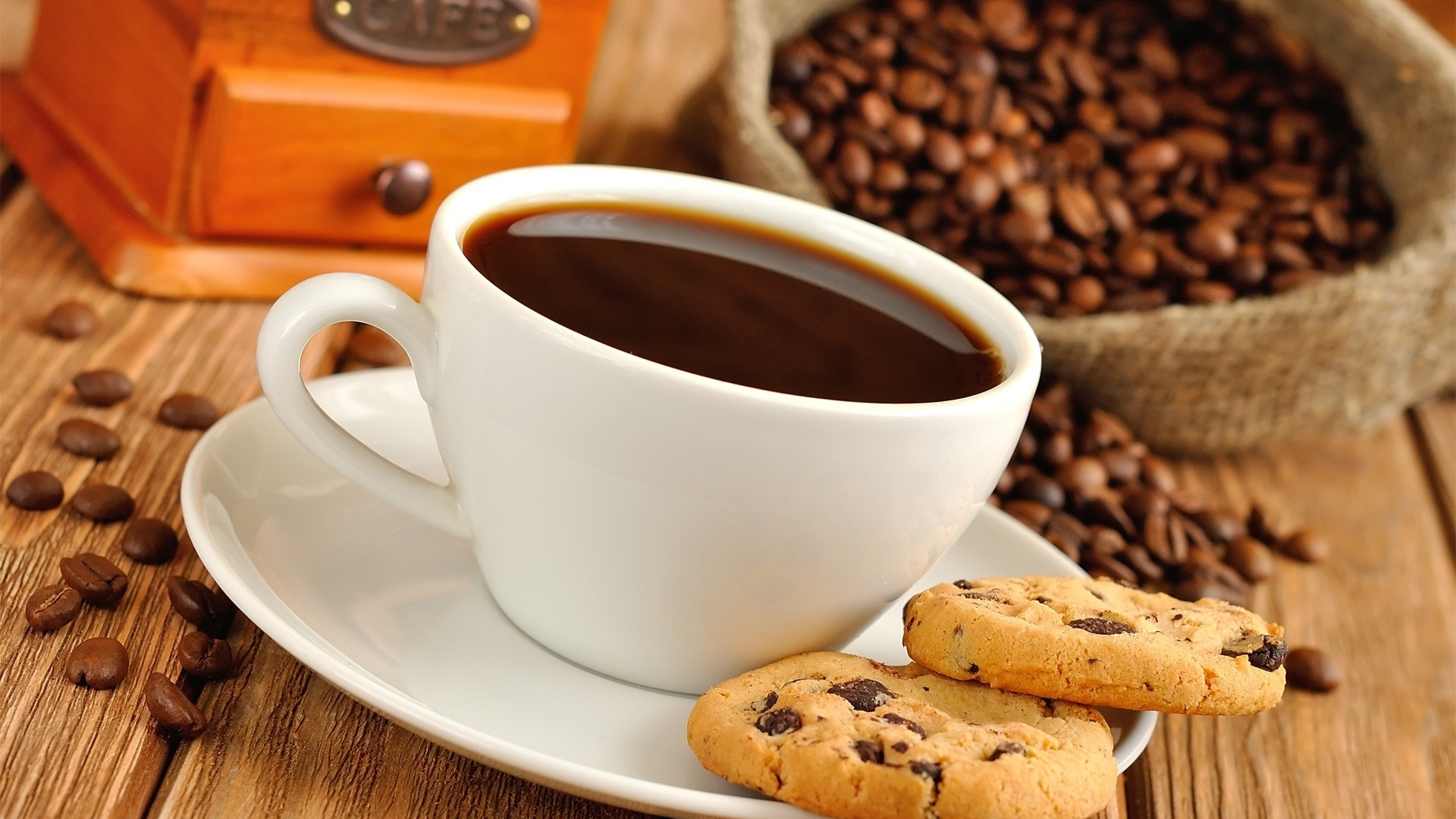 3840x2160  Wallpaper coffee, cup, drink, cookies