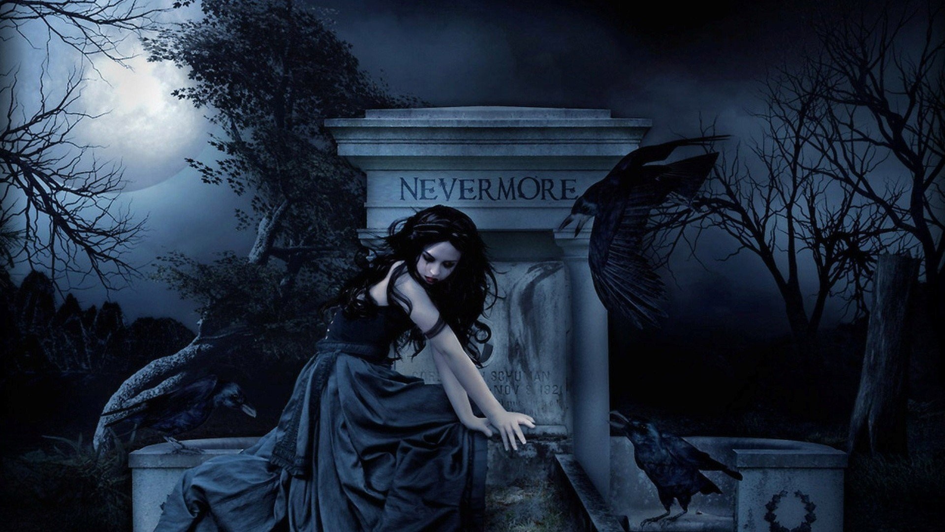 1920x1080 Fantasy - Dark Fantasy Gothic Woman Black Hair Gravestone Raven Moon  Wallpaper