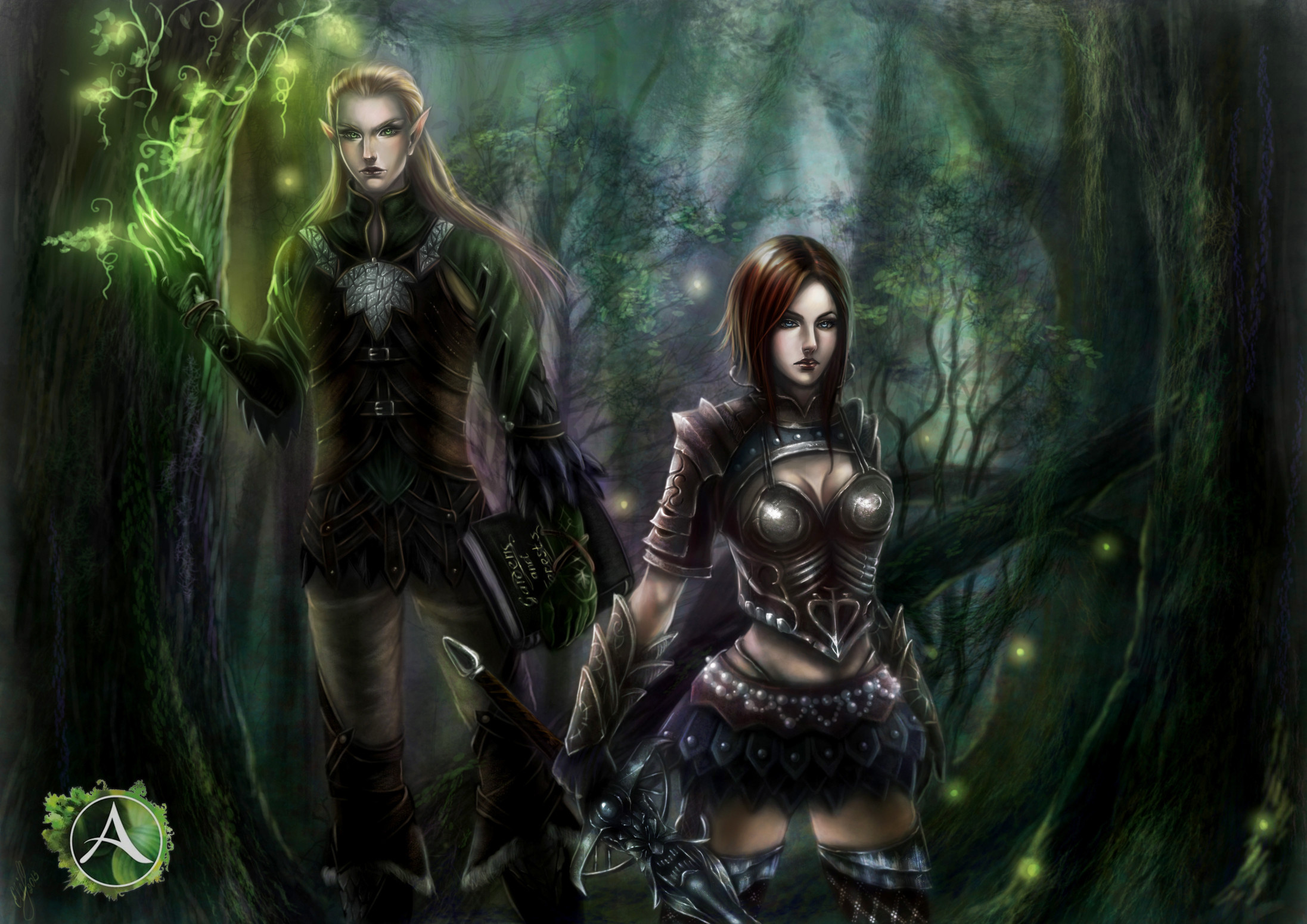 2193x1550 Elves Men Warrior Two Fantasy Girl elf forest magic wallpaper .