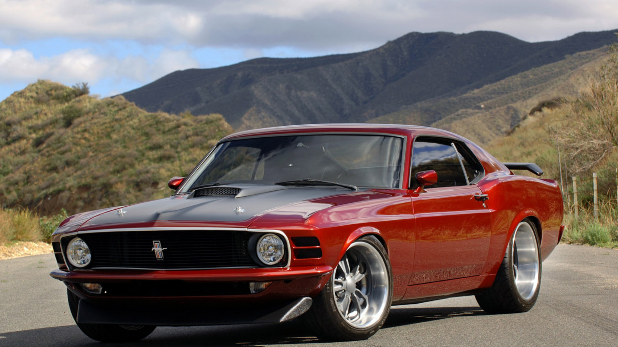 2048x1152  Wallpaper ford, mustang, muscle car, red, side view