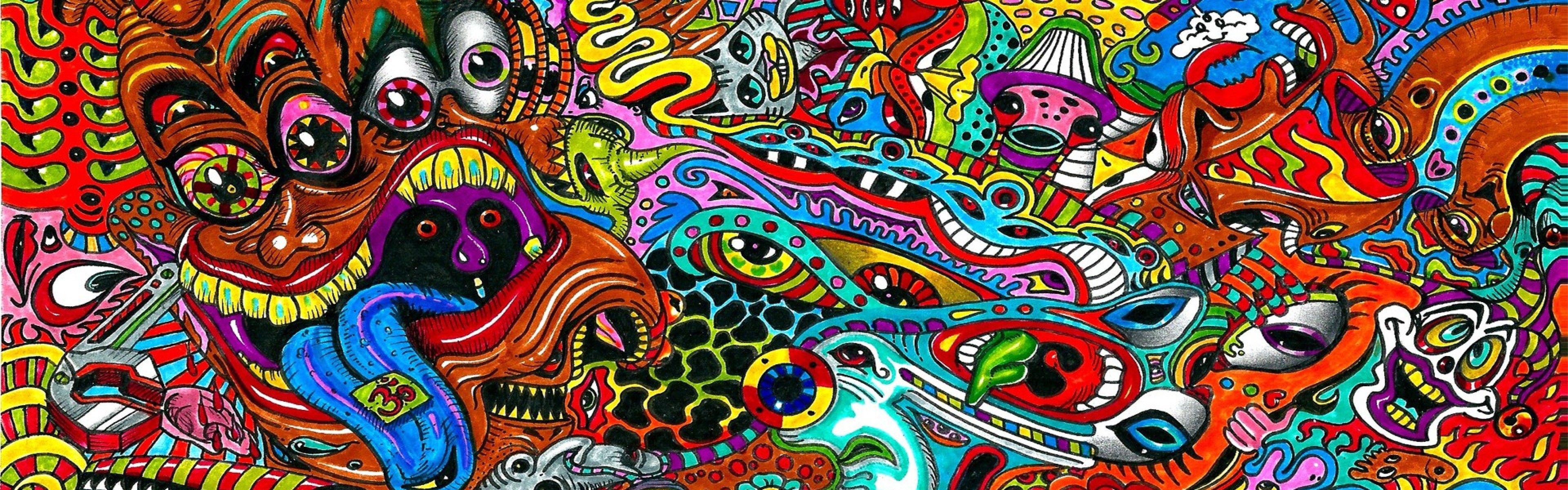 3840x1200 Download Wallpaper  Drawing, Surreal, Colorful, Psychedelic .