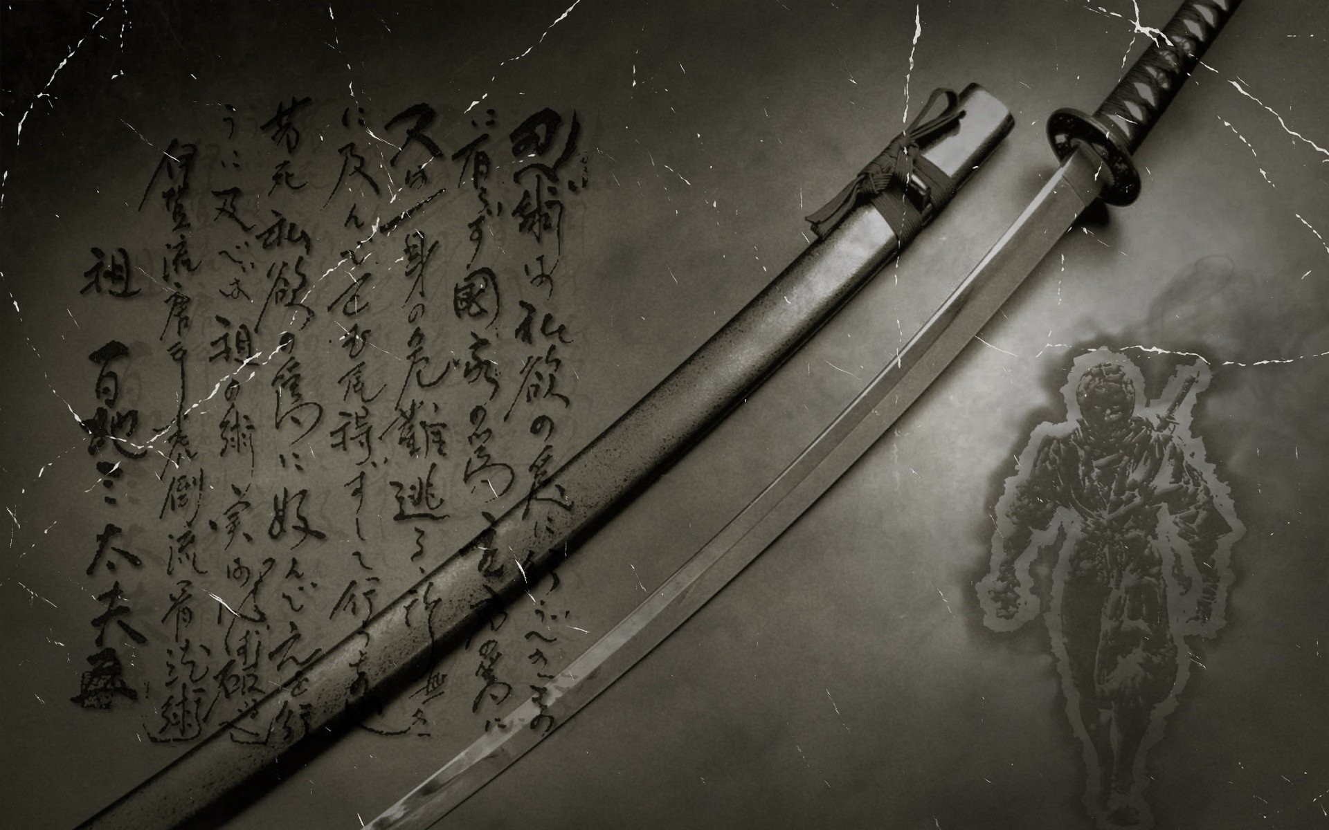 1920x1200 Gray Inscription Japanese Kanji Katana Ninjas Samurai Swords