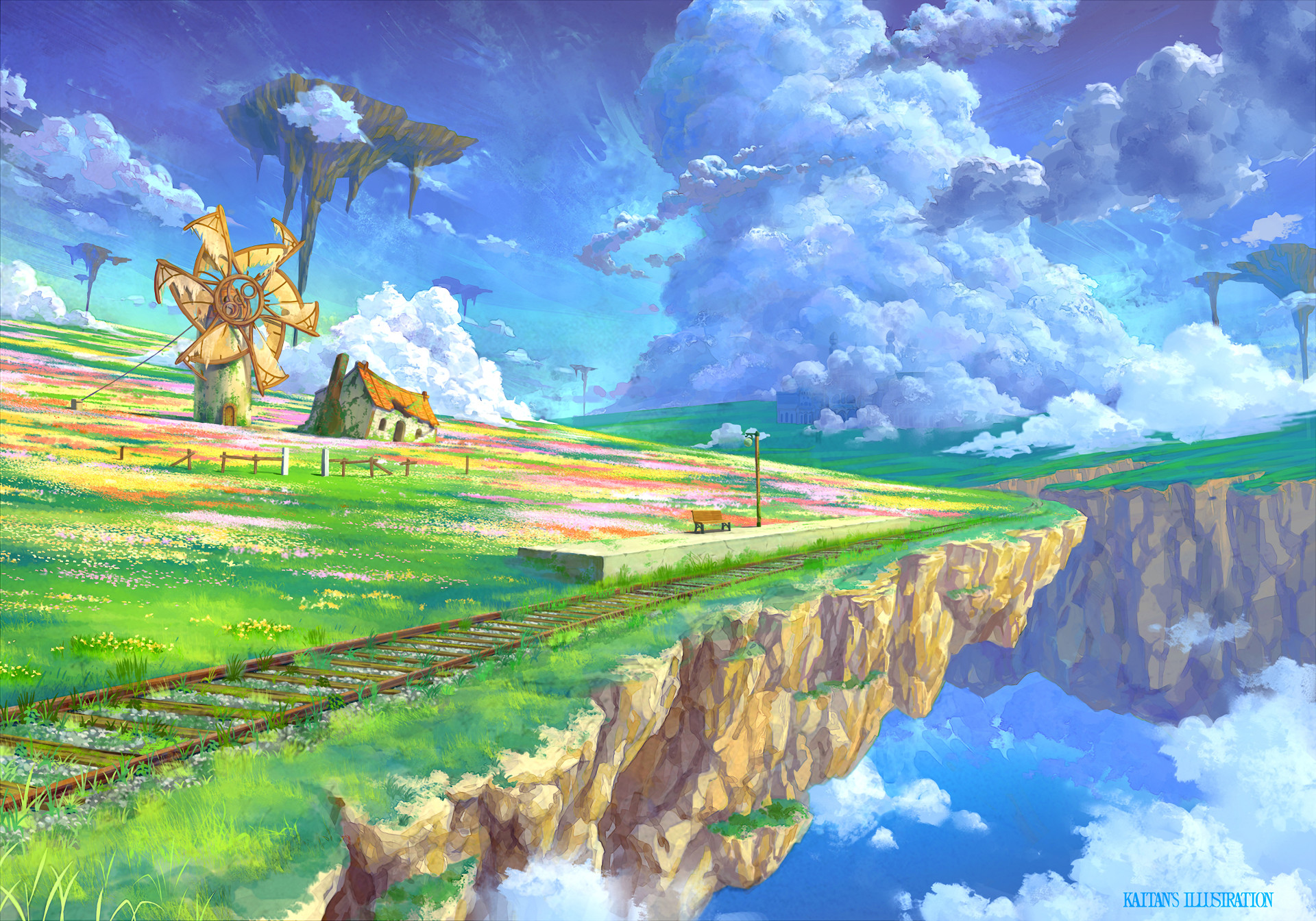 1920x1344 Anime - Original Cloud Landscape Flower Scenic Sky Train Station Windmill  Nature Floating Island Wallpaper