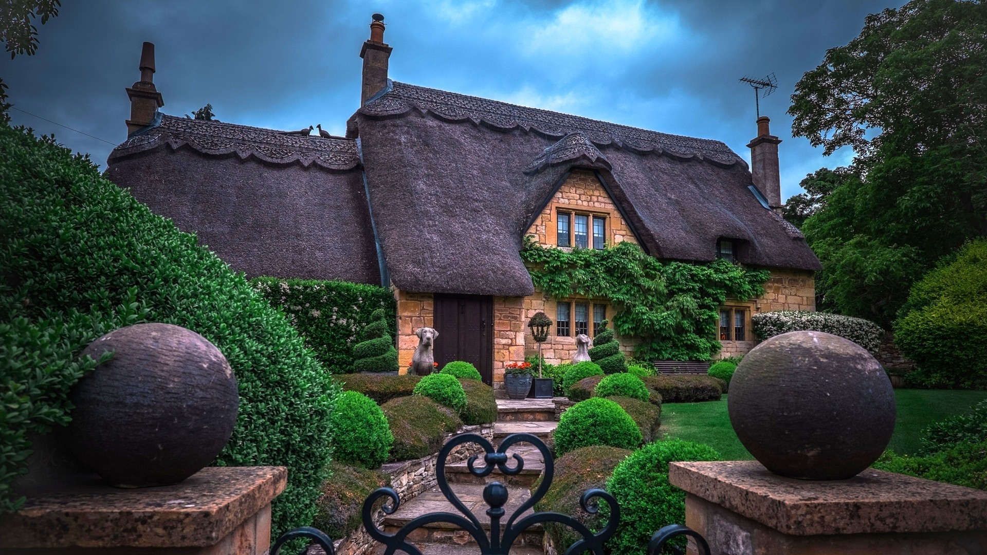 1920x1080 Houses, Cotswold, Cottage, Path, Landscape, Trees, Garden, Architecture,  Lawn, Beautiful, England, Shrubs, Fairy, Tale, Background Wallpaper HD