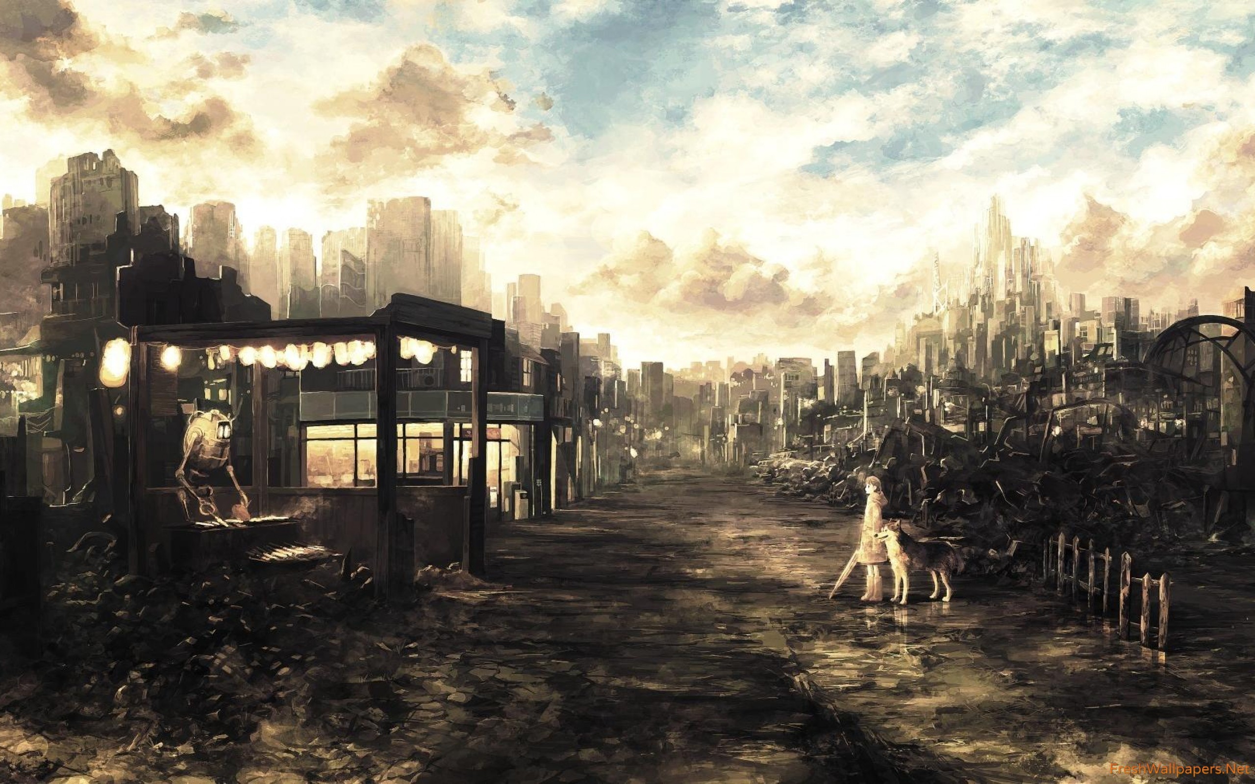 2560x1600 Post-apocalyptic anime city wallpaper