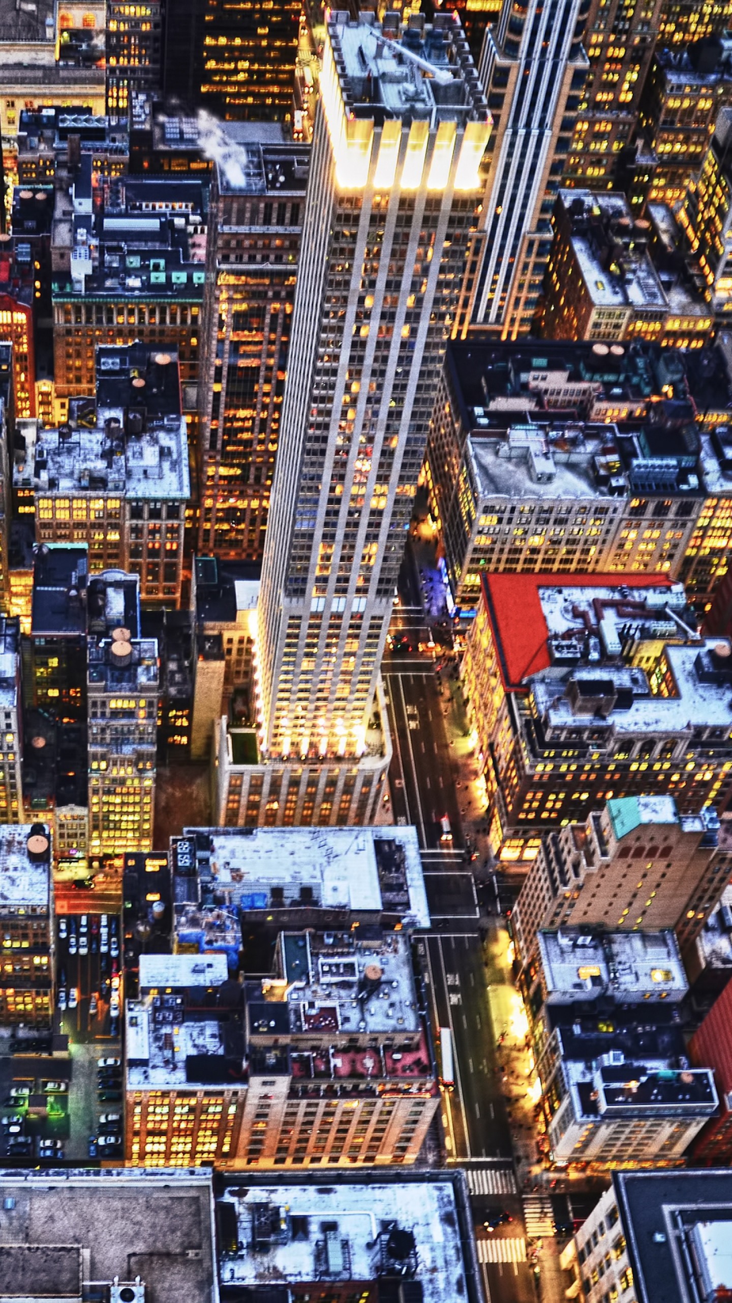 1440x2560 Preview wallpaper new york, skyscrapers, buildings, roofs, lights, night,  winter