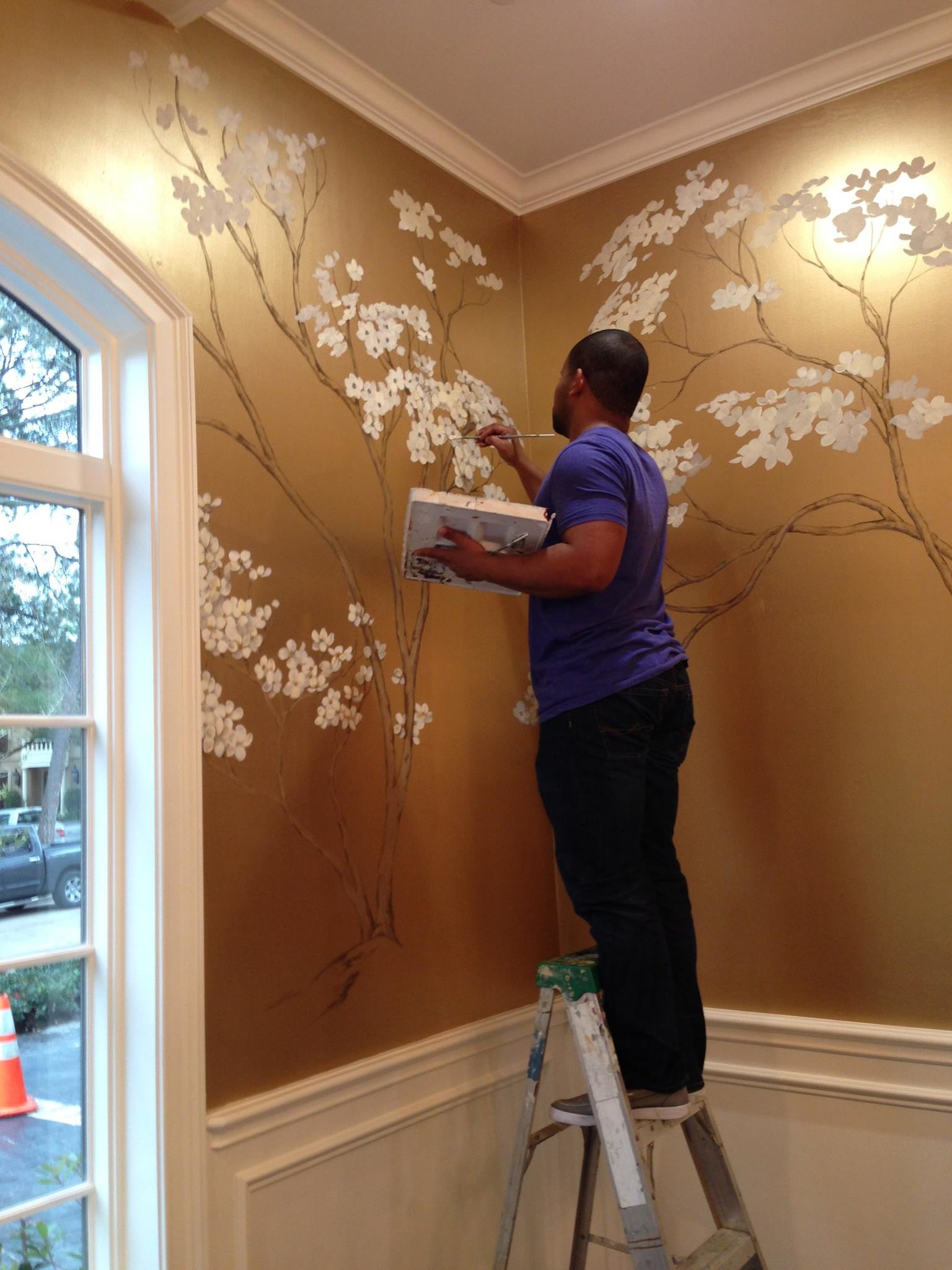 1536x2048 -hand painted cherry blossoms on metallic gold wall.
