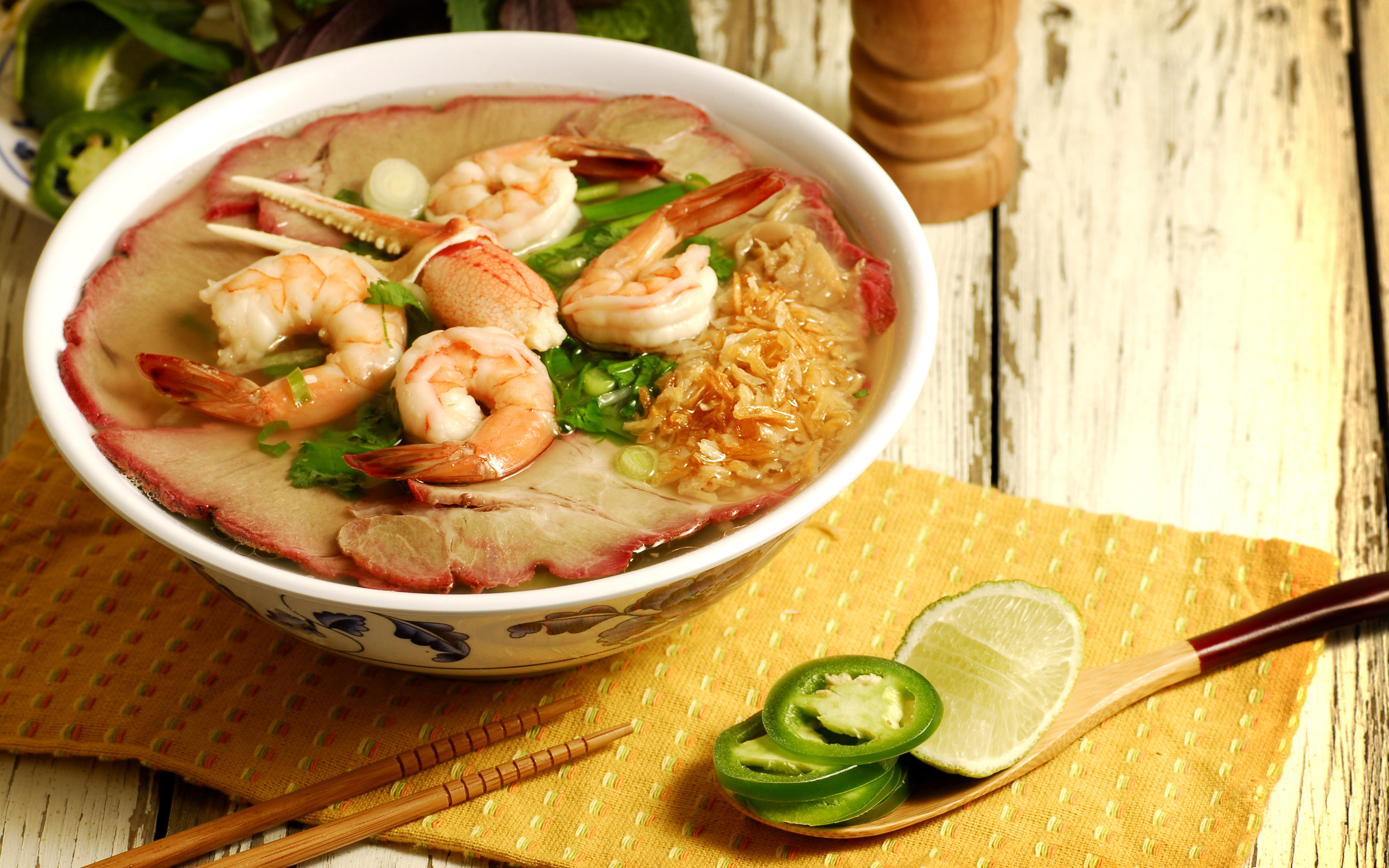 2560x1600 A bowl of soup with shrimps and seafood on the table wallpapers and images  - wallpapers, pictures, photos
