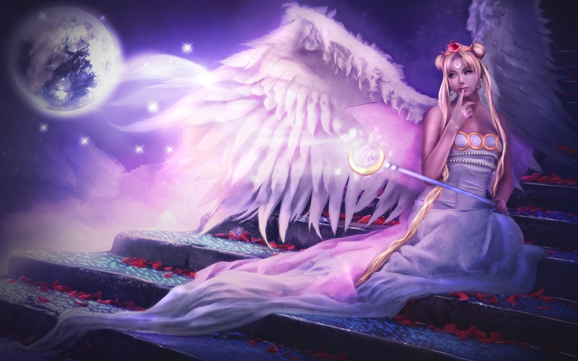 1920x1200 Fantasy - Angel Fantasy Woman Blonde Wand Stairs White Wings Staff Moon  Wallpaper