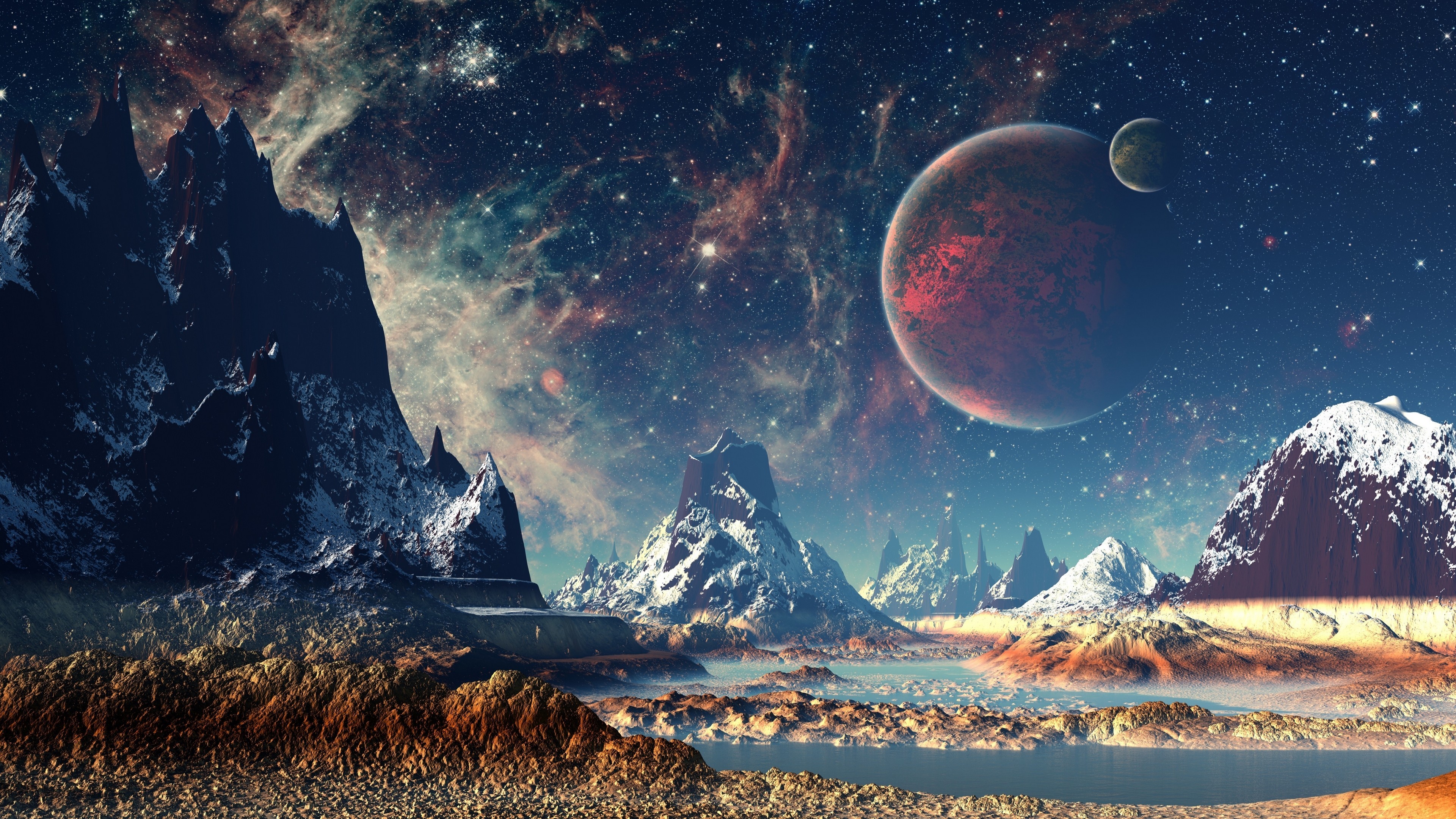 3840x2160 Mountains Stars Space Planets Digital Art Artwork 4k