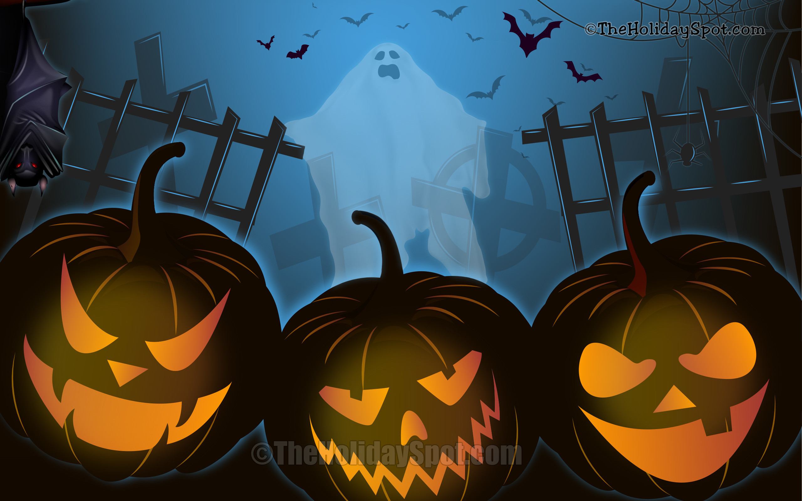 2560x1600 Wallpaper - Halloween Night with bat, pumpkins and ghost