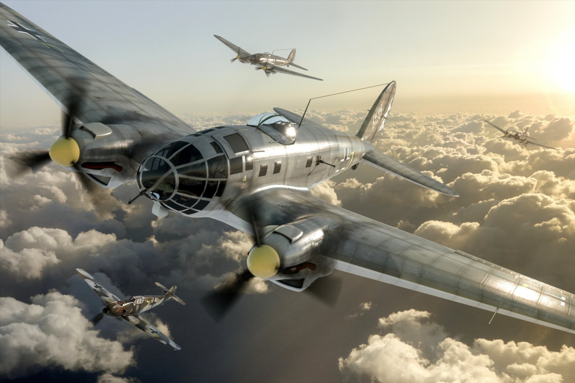 1920x1280 art sky clouds heinkel he 111 german bombers messerschmitt bf 109 fighter  support ww2 picture