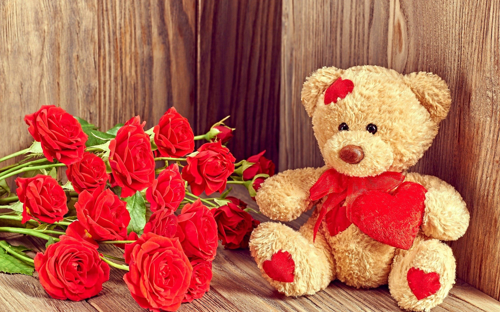 1920x1200 Teddy bear with hearts and red flowers love wallpapers