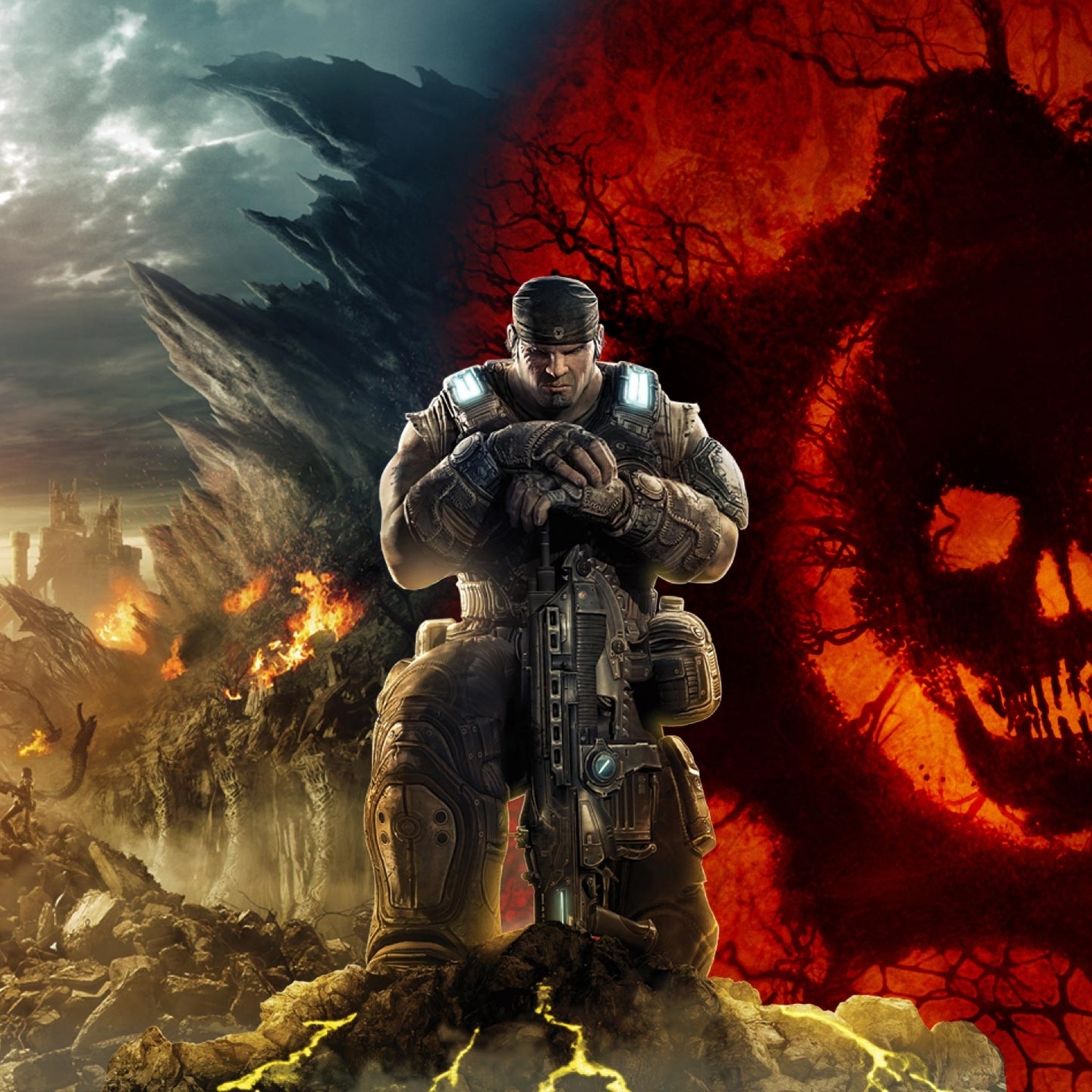 2048x2048 Preview wallpaper gears of war, skull, soldier, sky, mountains, marcus fenix