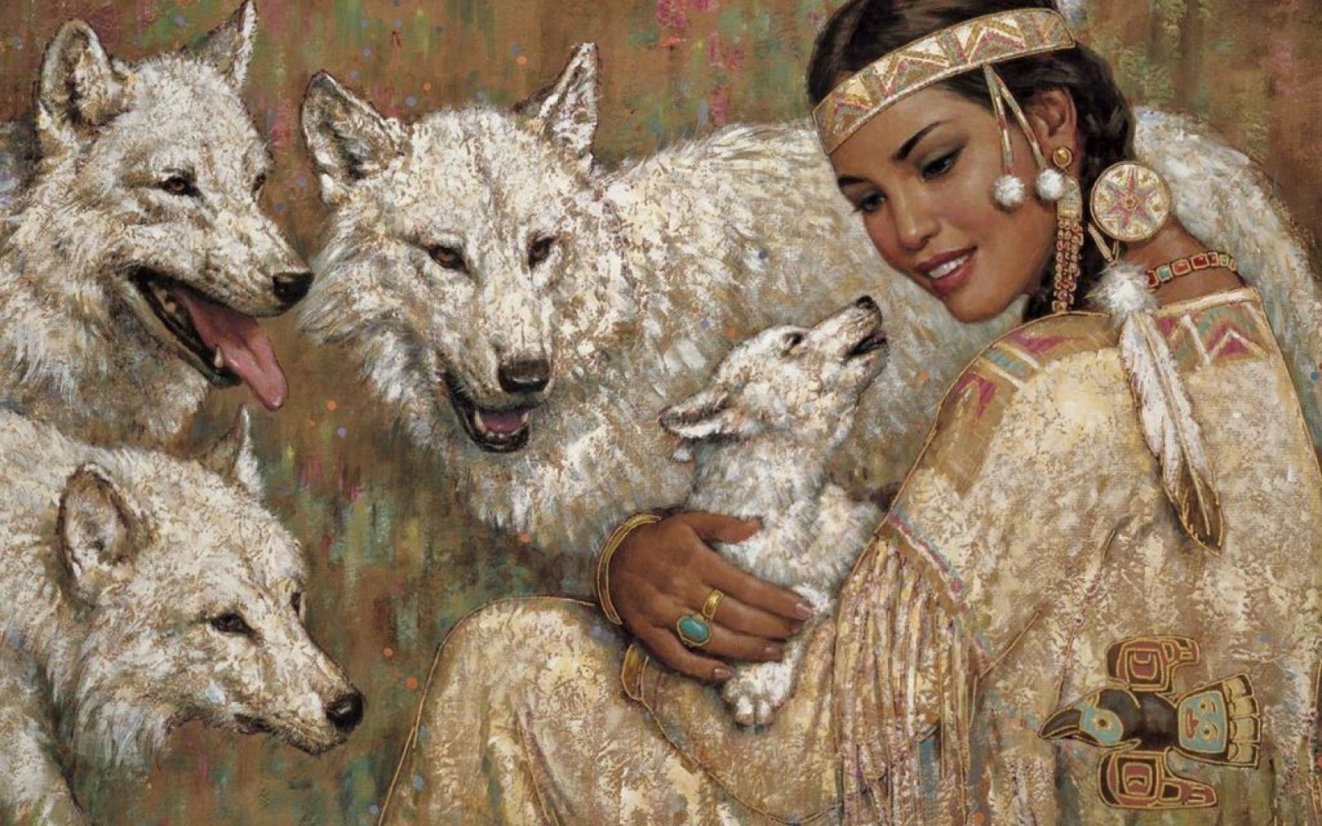 1920x1200 Download Fantasy Art Native Americans Wolves Painting Wallpaper | Full .
