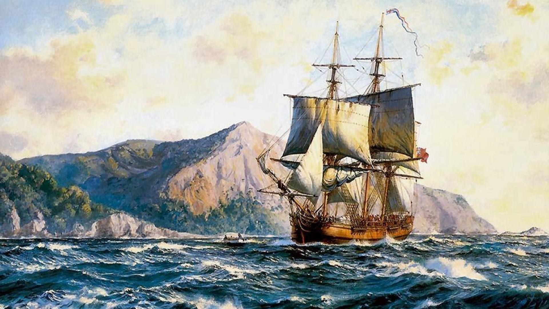 1920x1080 wallpaper: tall ship, rough sea, island, painting, sailing .