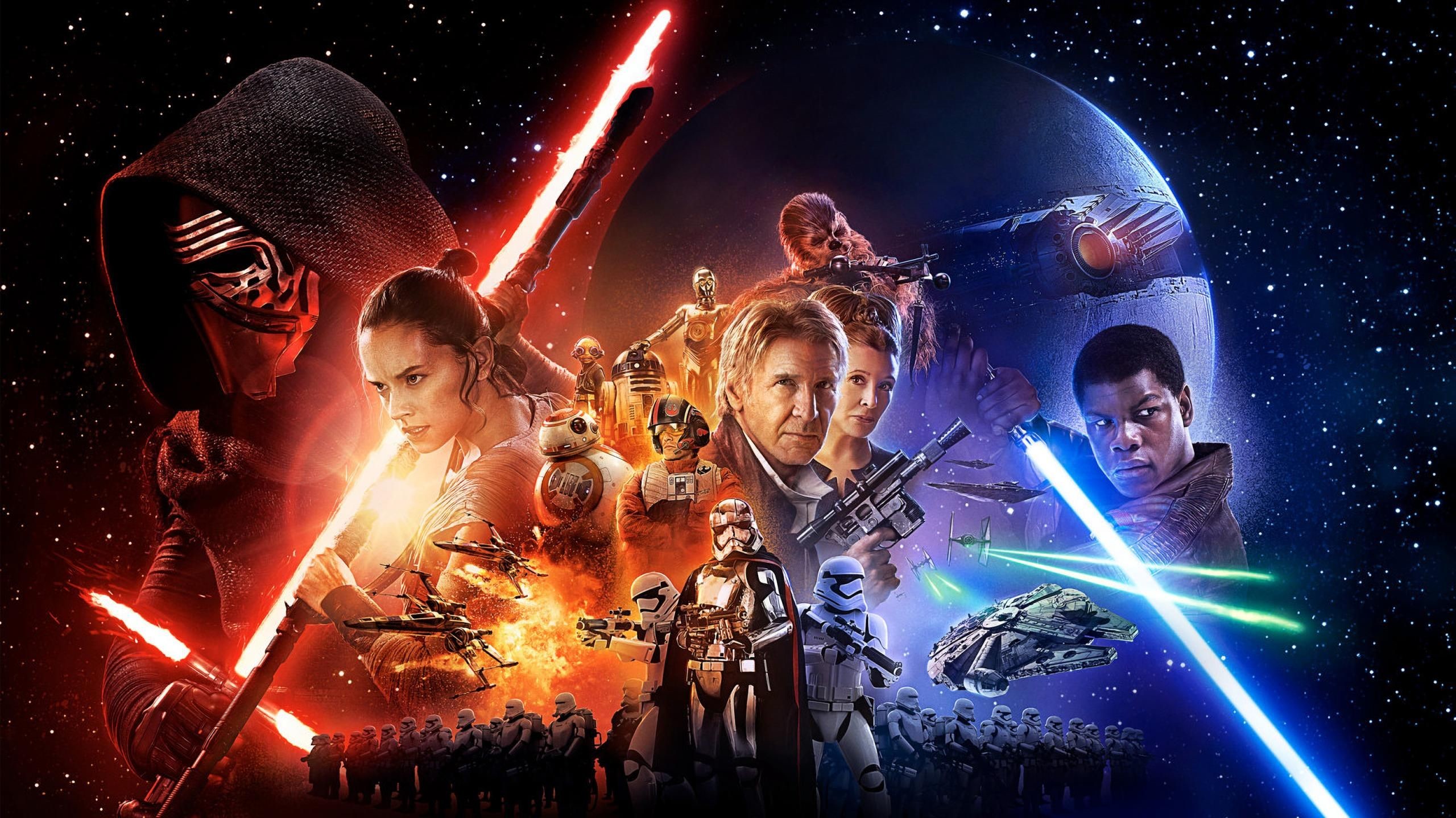 2560x1440 Movie Star Wars Episode VII: The Force Awakens Kylo Ren Han Solo Rey  Chewbacca R2-D2 Millennium Falcon Finn Princess Leia Lightsaber Wallpaper