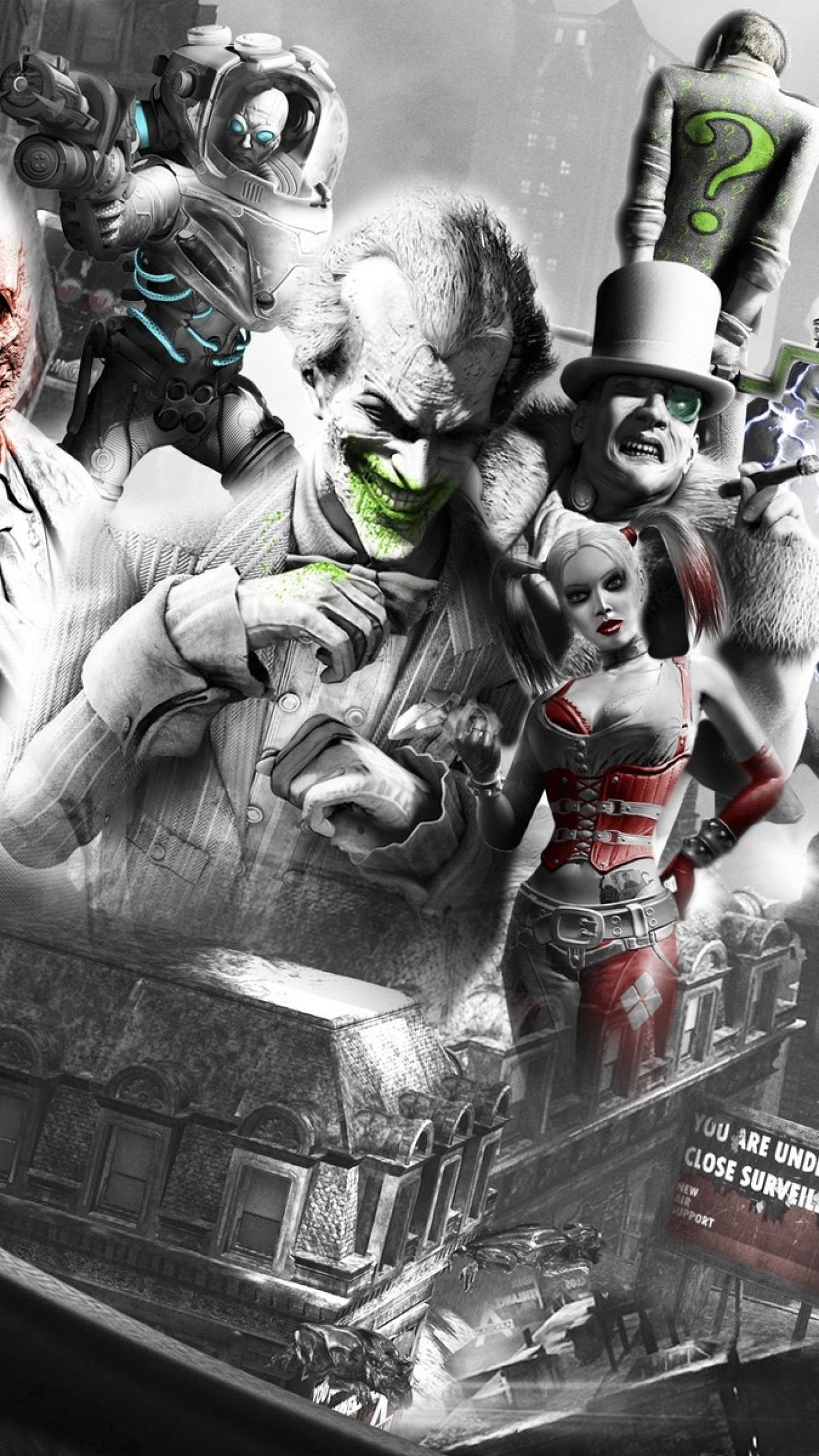 1440x2560 Preview wallpaper batman arkham city, characters, faces, members, pistol,  smile,