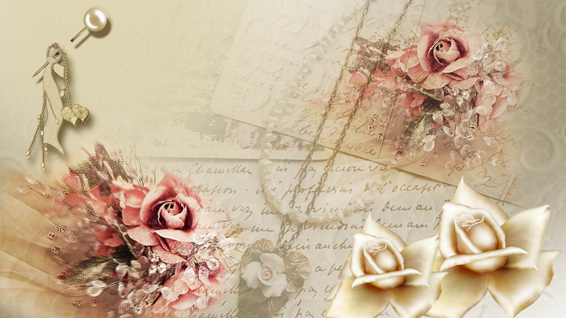 1920x1080 Flowers Abstract Pearl Gold Rose Roses Satin Pin Vintage Writing Sakura  Flower Desktop Background - 
