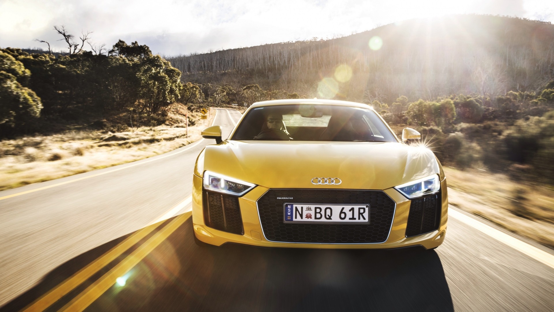 1920x1080  Wallpaper audi, r8, v10, yellow, front view