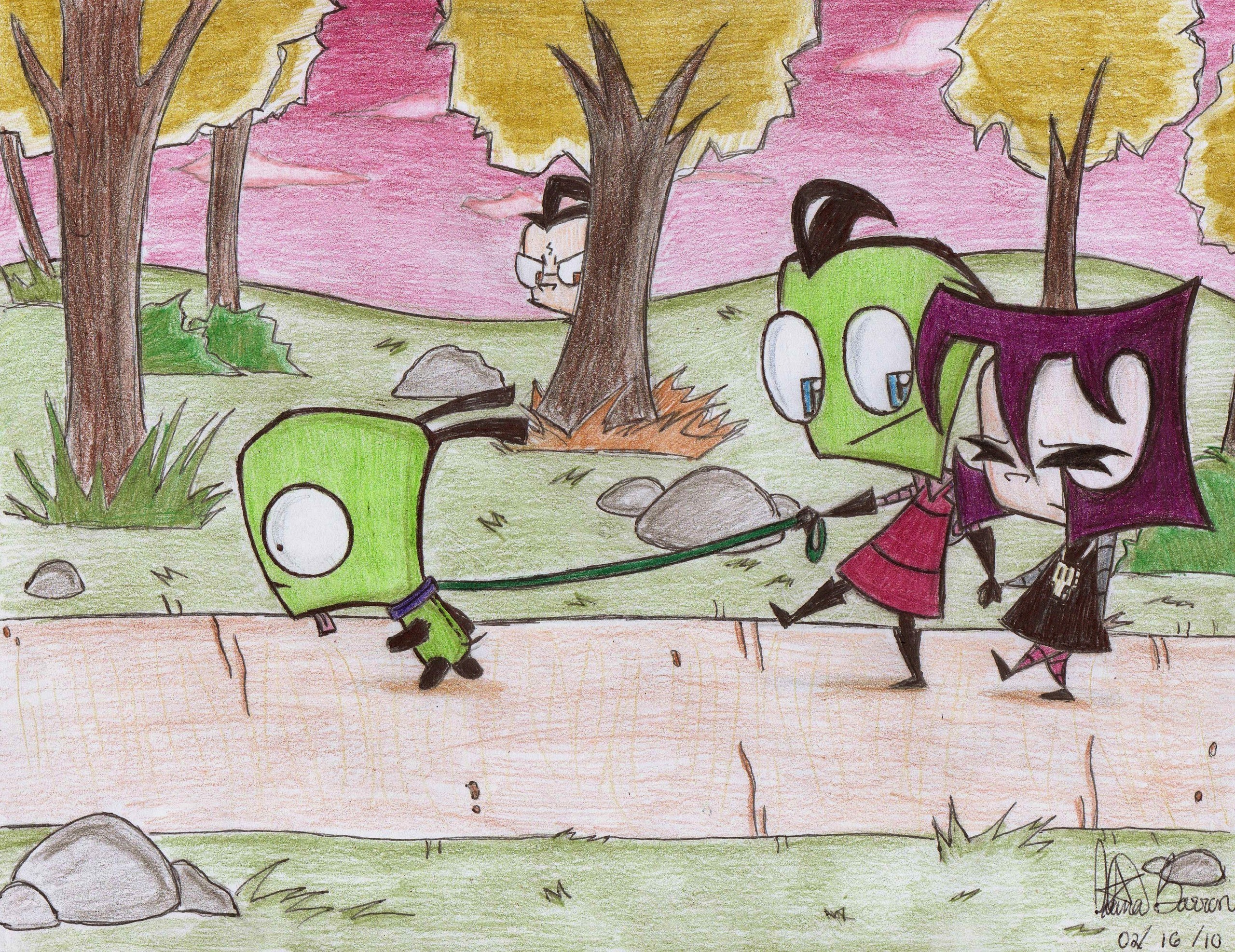 2560x1974 Zim and Gaz are walking the dog (robot) in the park, Gaz still feels weird  to have a boyfriend. Dib is angry that his rival Zim is.
