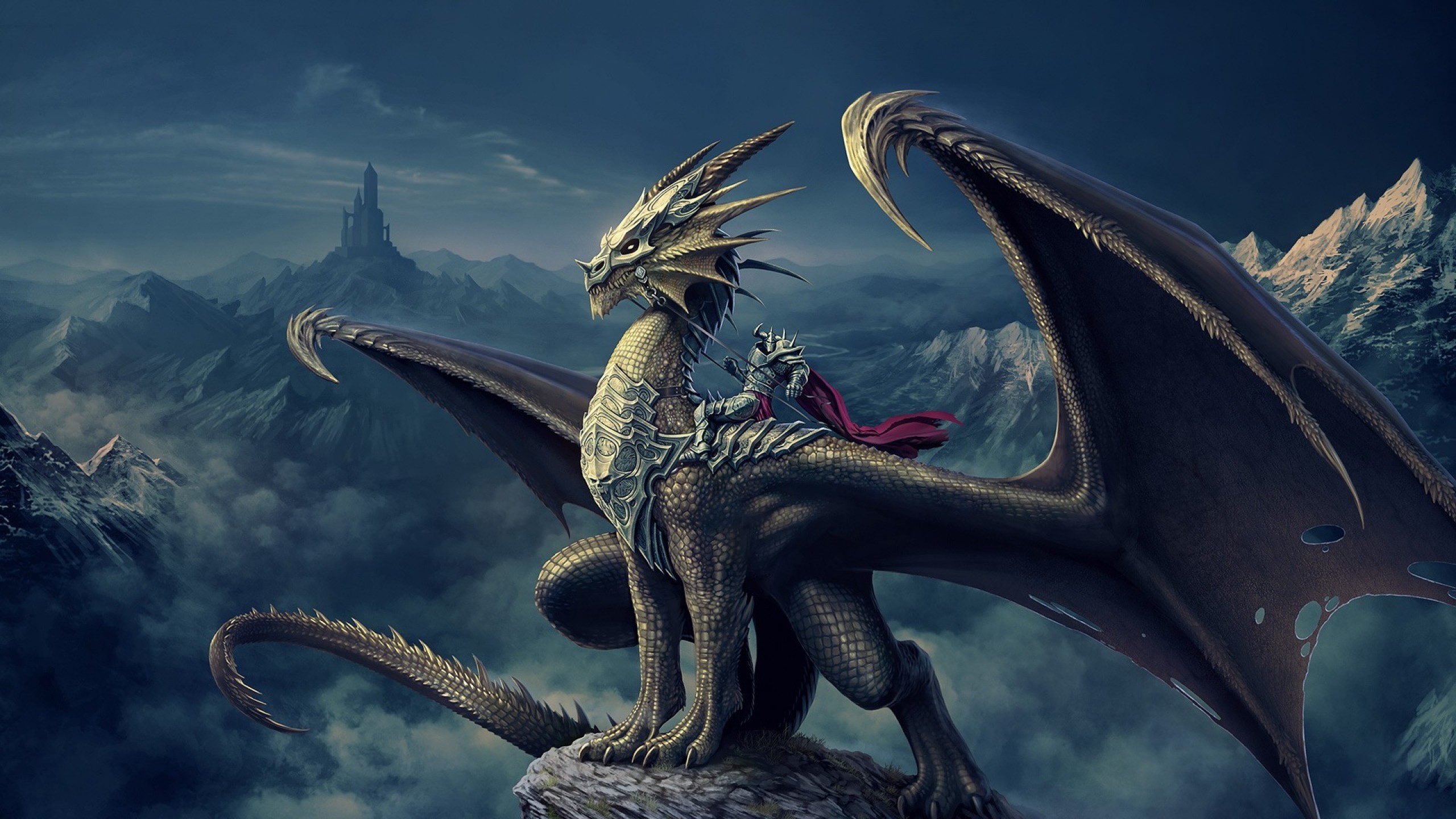 2560x1440 Preview wallpaper art, nick deligaris, dragon, rider, mountain, castle,  tower