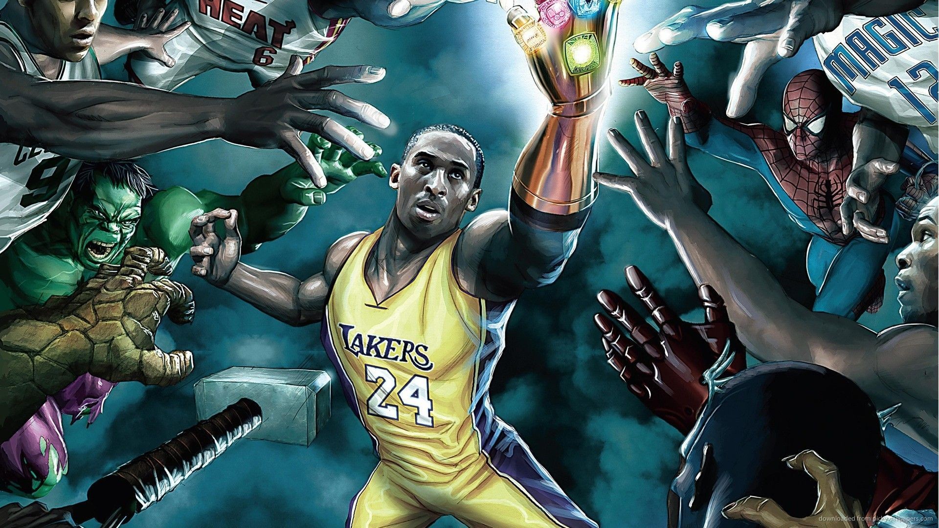 1920x1080 'power moves' featuring basketball players, kobe bryant & lebron james &  marvel super heroes by greg horn