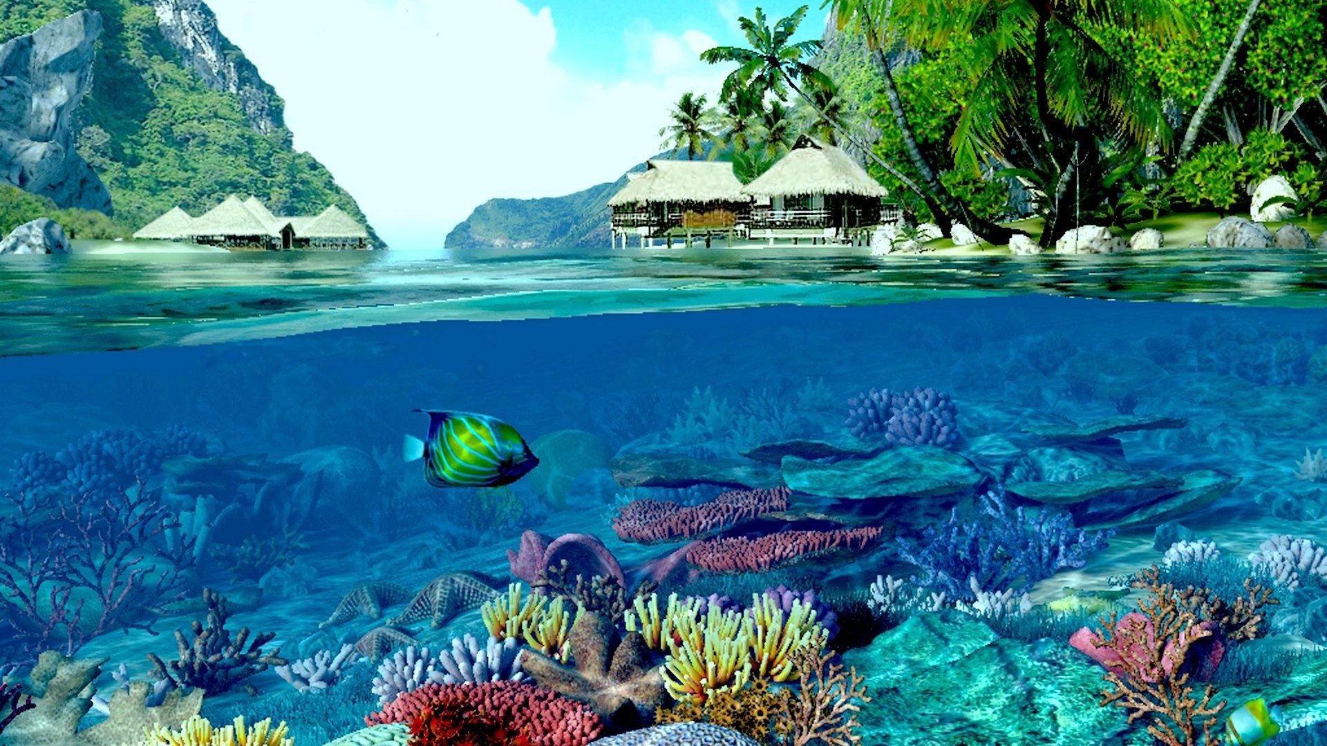 1920x1080 Deep Reef Two Houses Ocean Coral Beach World Indigo Fish Land Worlds Water  Wallpaper For Iphone