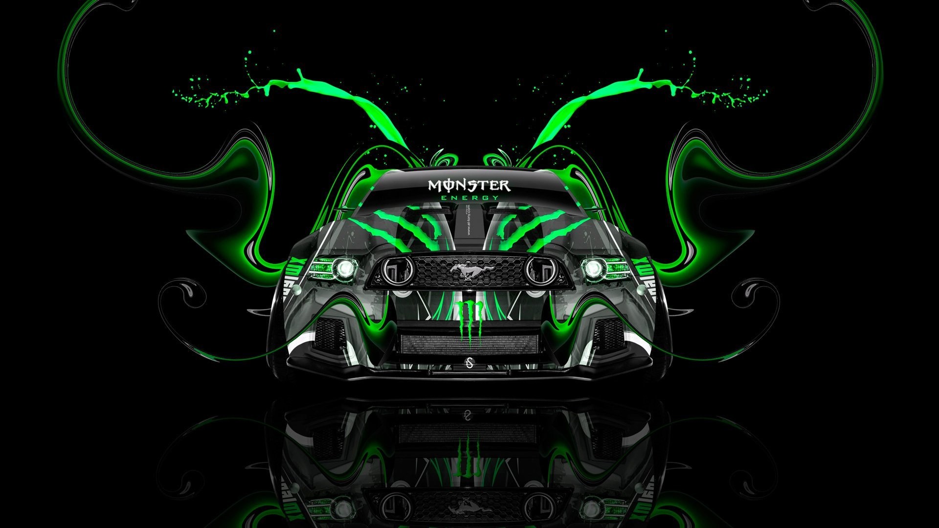1920x1080 tony kokhan monster energy logo ford mustang gt muscle car front green  aerography tuning acid drink