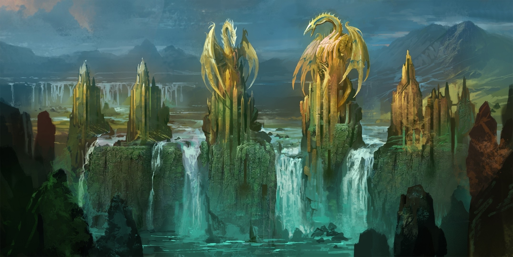 2154x1080 Fantasy Dragon landscape | fantasy art dragon landscapes waterfall wallpaper  background