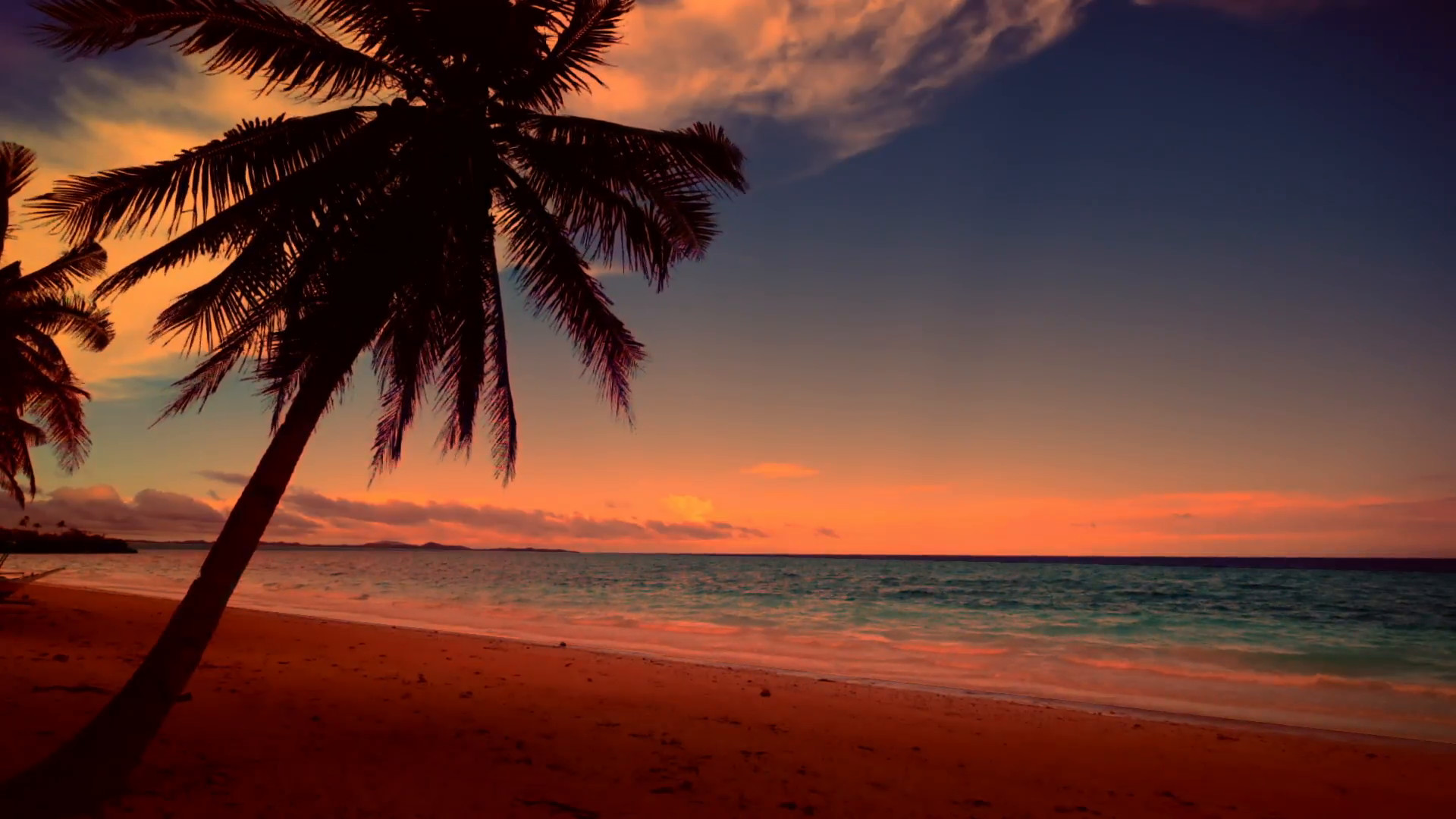 1920x1080 Tropical Sunset Beach With Palm Tree Stock Photo & More Pictures
