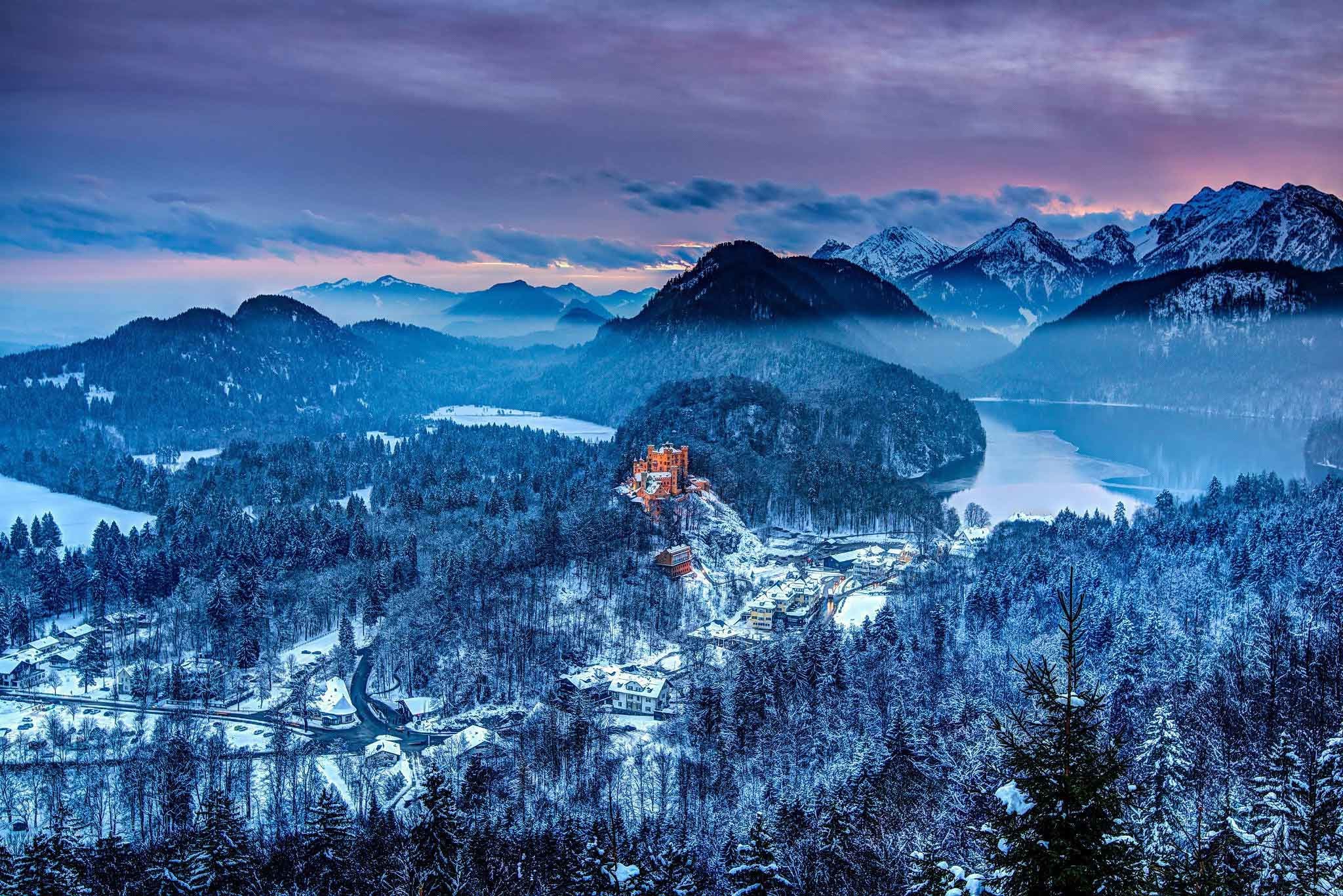 2048x1367 Mountains Winter Castle Lake Forest Bavaria Germany Nature .
