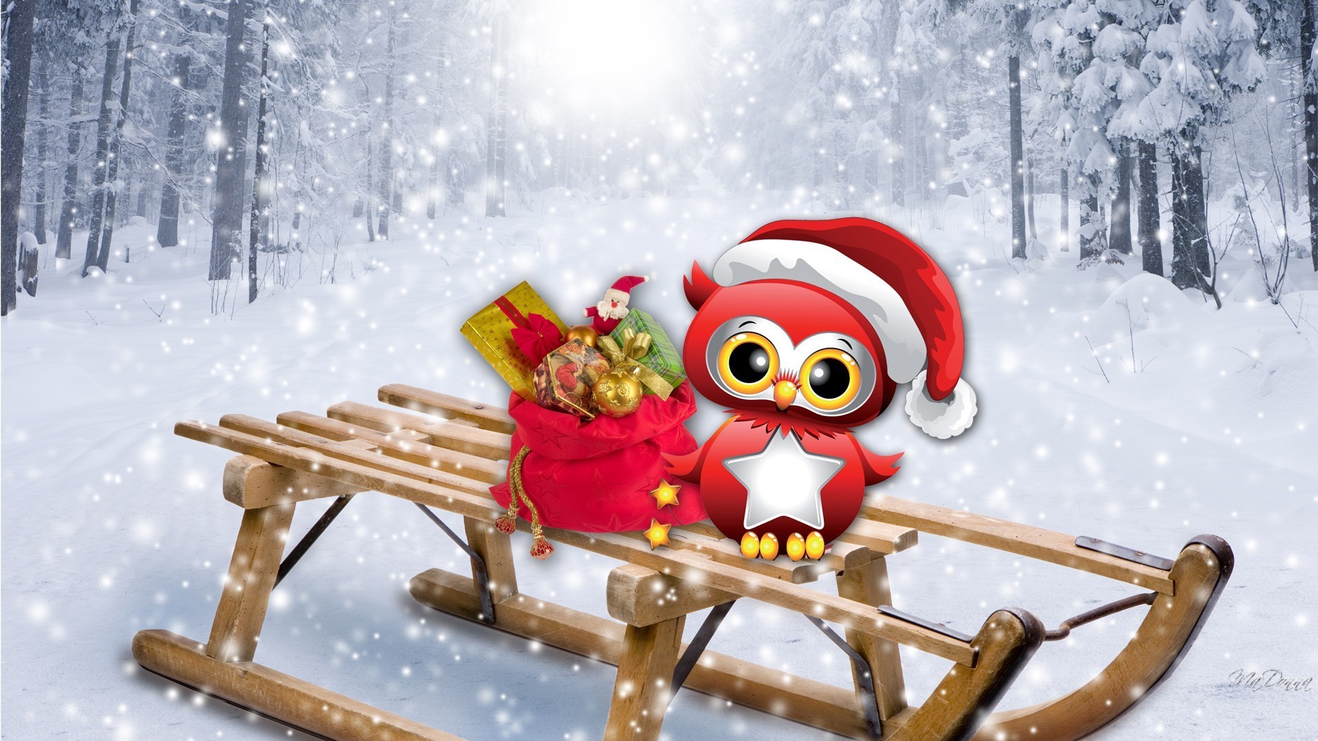1920x1080 Sled Tag - Christmas Owl Presentss Sweet Bird Snow Gifts Sled Winter  Whimsical Feliz Navidad Basket