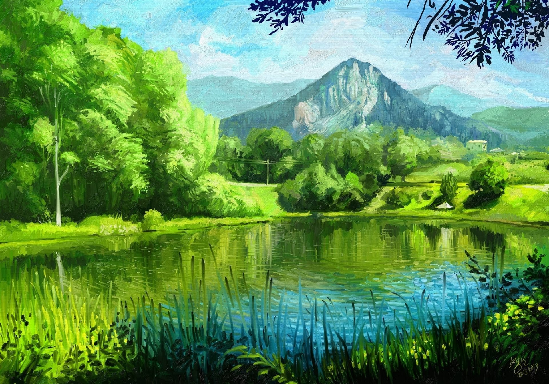 1920x1343 painting art nature lake grass summer tree mountain green