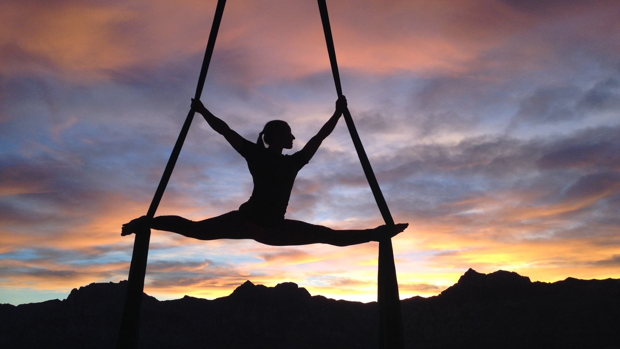 2048x1152 Preview wallpaper silhouette, air gymnast, girl, gymnast 