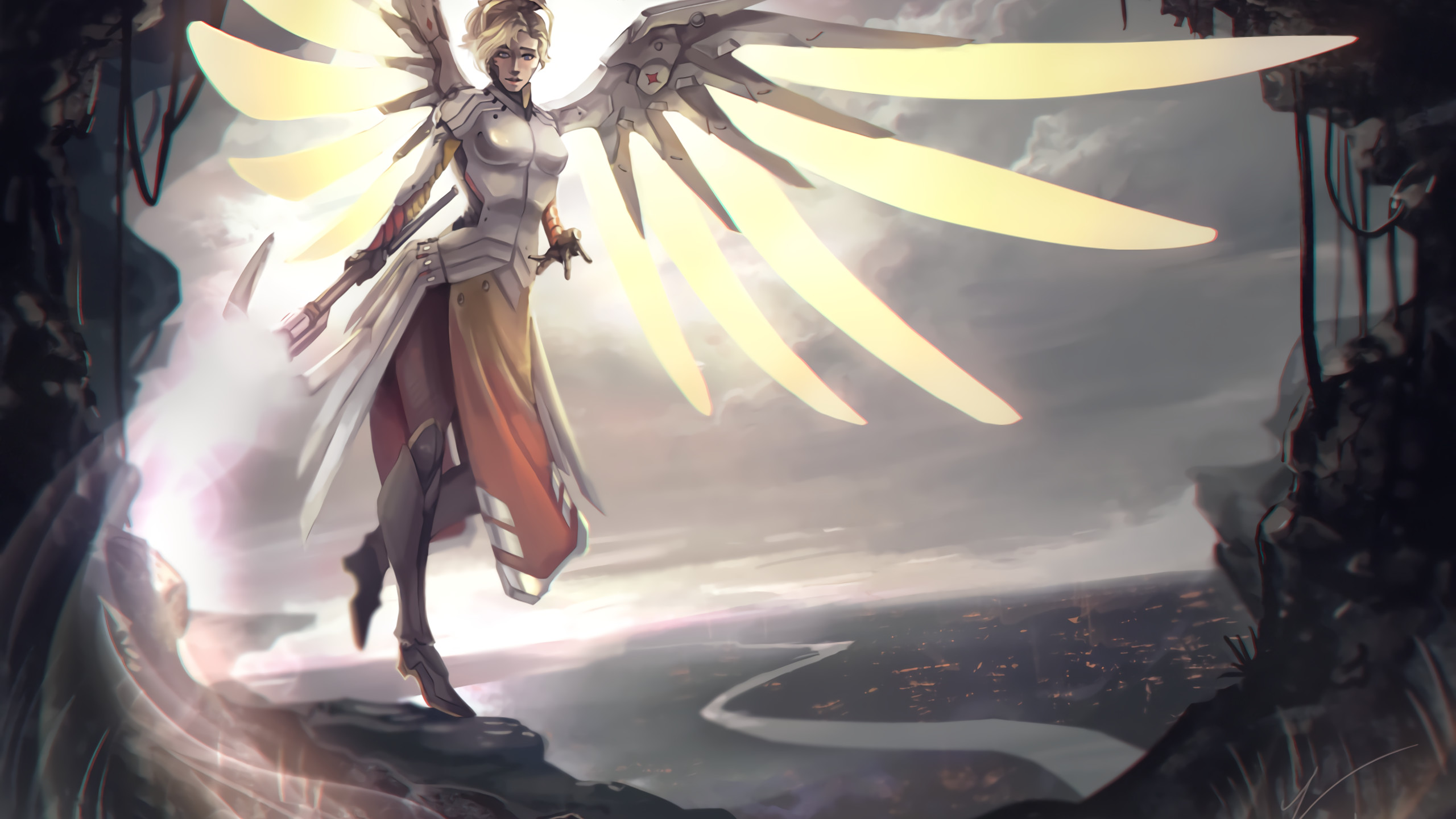 2560x1440 Overwatch, Mercy, Wings, Cave, Artwork, Armored, Light, Clouds