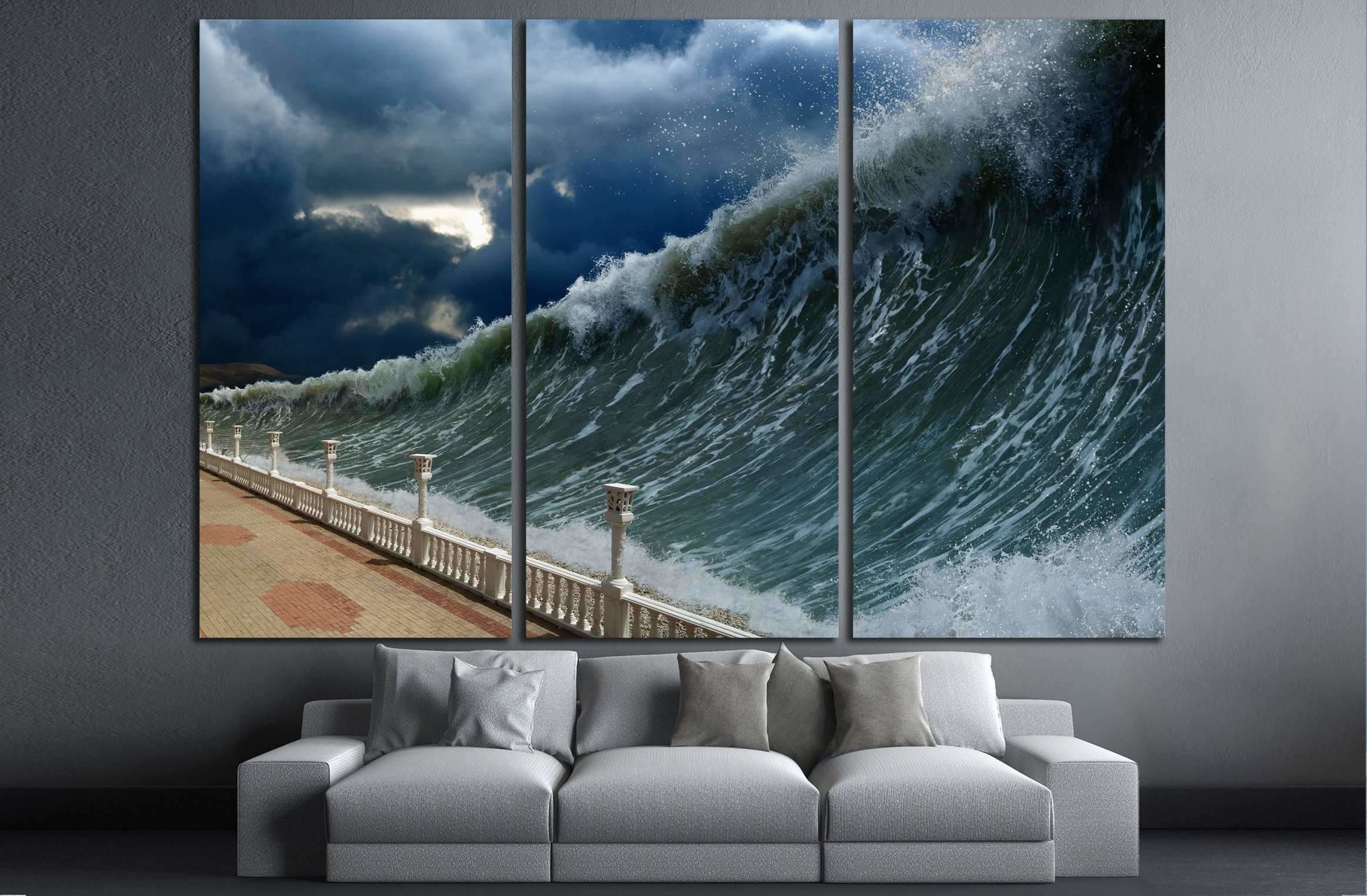 2324x1524 Apocalyptic dramatic background - giant tsunami waves, dark stormy sky –  Zellart