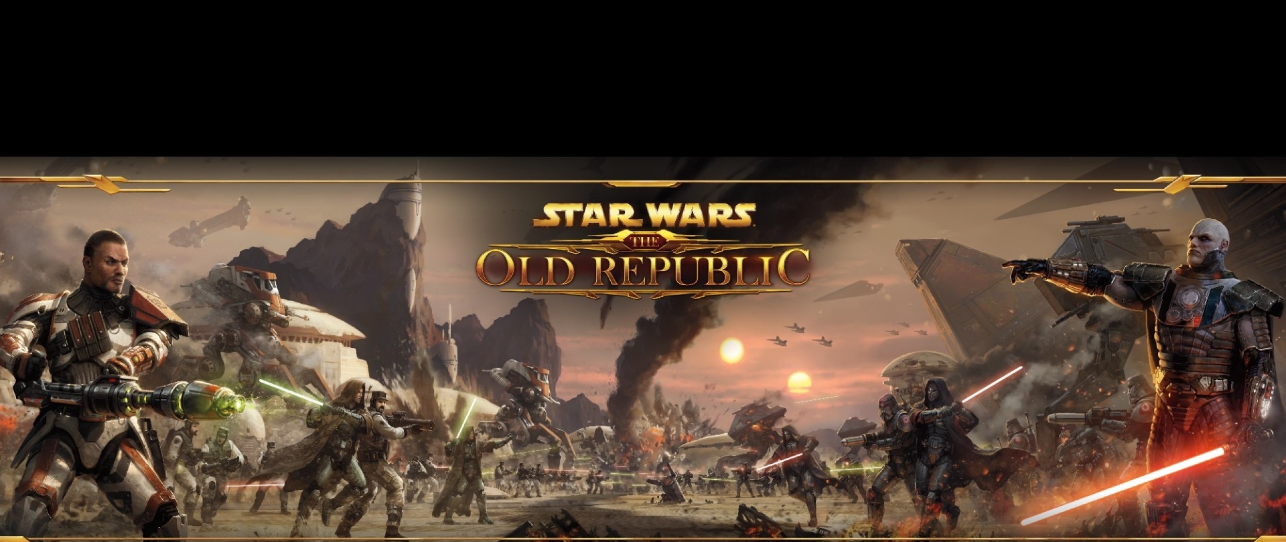 2560x1080 Preview wallpaper star wars the old republic, battle, gun, lightsabers,  game 