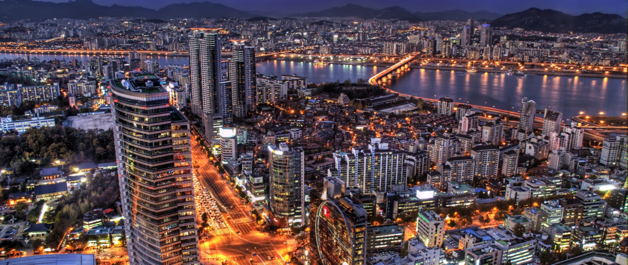2560x1080  Wallpaper south korea, seoul, capital city, evening, skyscrapers,  lights,