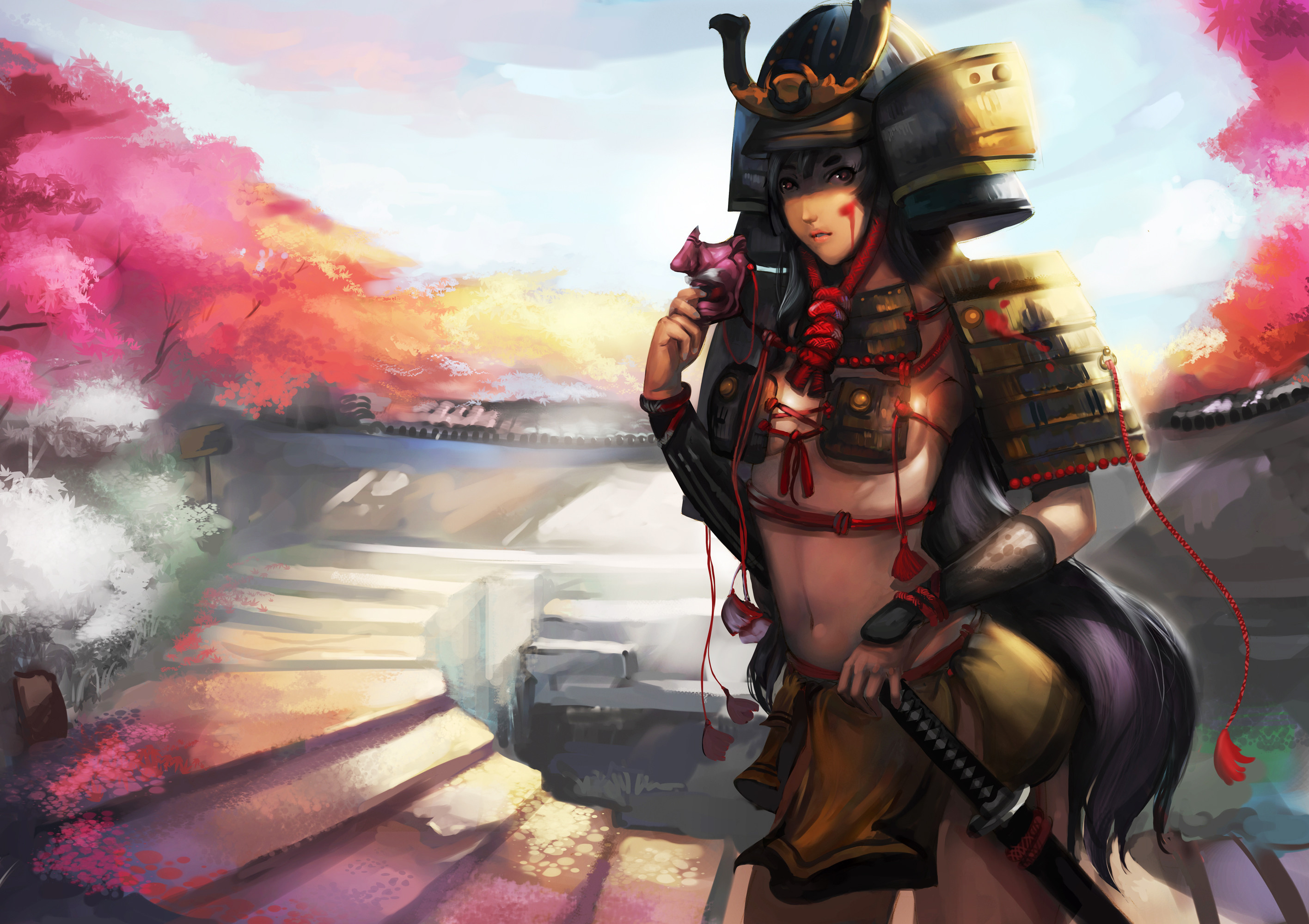 2832x2000 Girl samurai armor sword mask paint katana warrior warriors wallpaper |   | 129241 | WallpaperUP