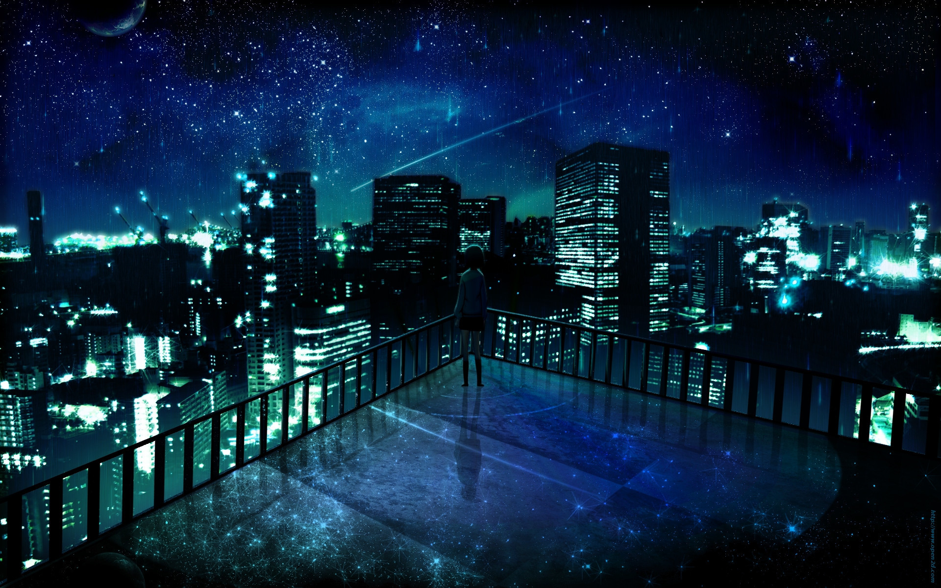 1920x1200 outer space cityscapes night stars alone balcony buildings city lights  artwork manga night landscape Wallpaper