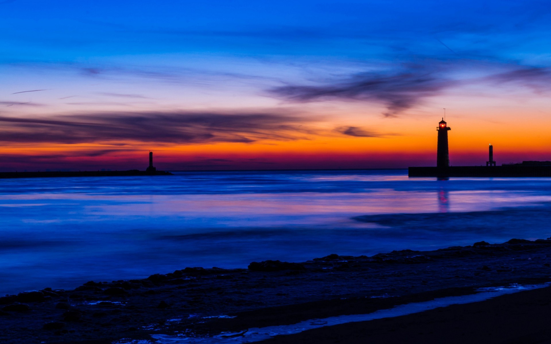 1920x1200 USA Michigan lake beach lighthouse night orange sunset blue sky clouds  wallpaper |  | 67885 | WallpaperUP